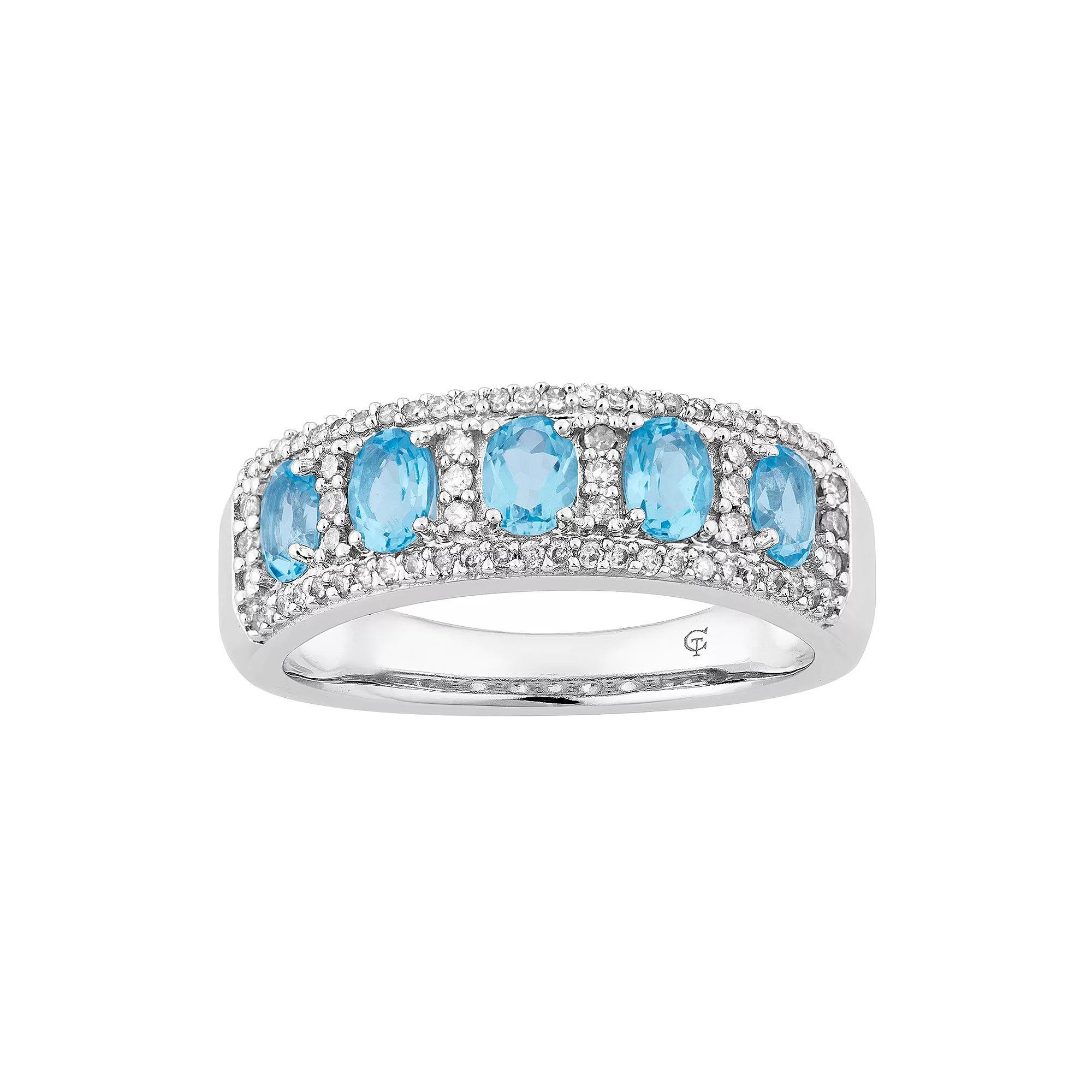 10k White Gold Swiss Blue Topaz & 1/4 Carat T.W. Diamond 5-Stone Ring, Women's, Size: 8, 10k Whgold Product Image