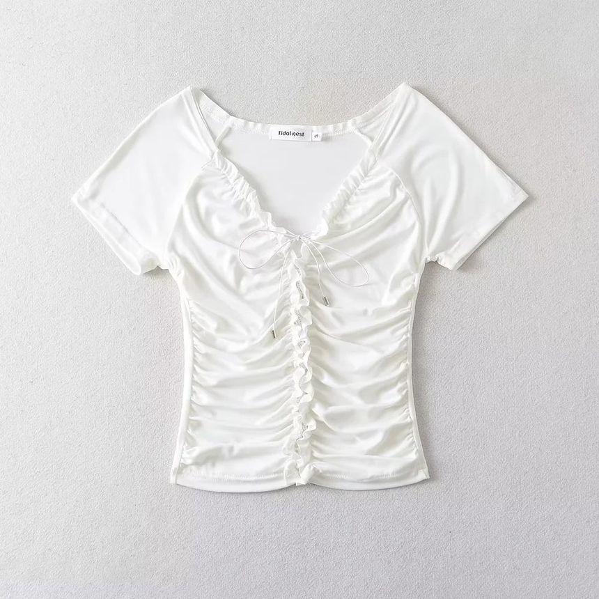 Short Sleeve V-Neck Plain Ruffled-Trim Lace Up Slim-Fit Crop Top Product Image