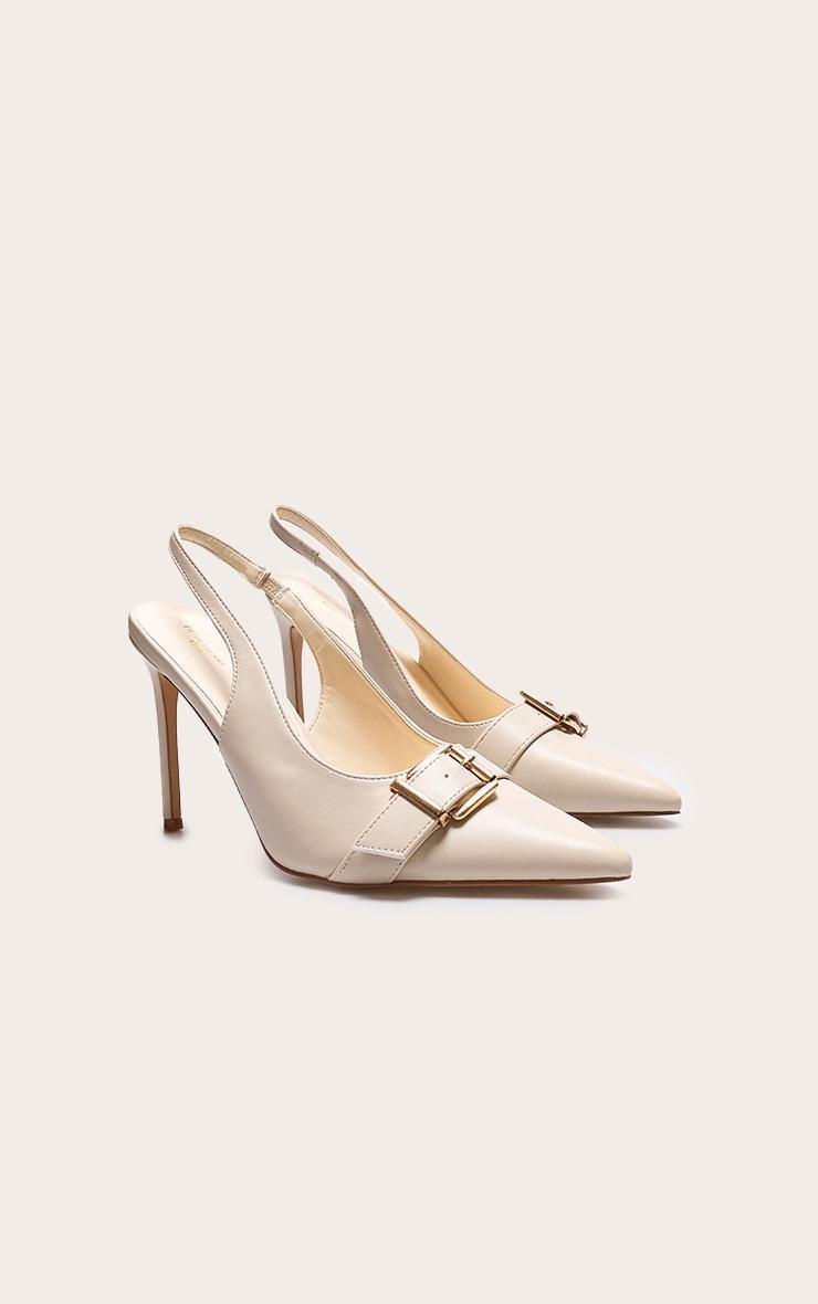 Cream PU Wide Fit Buckle Detail Stiletto High Heel Sling Back Court Heels Product Image