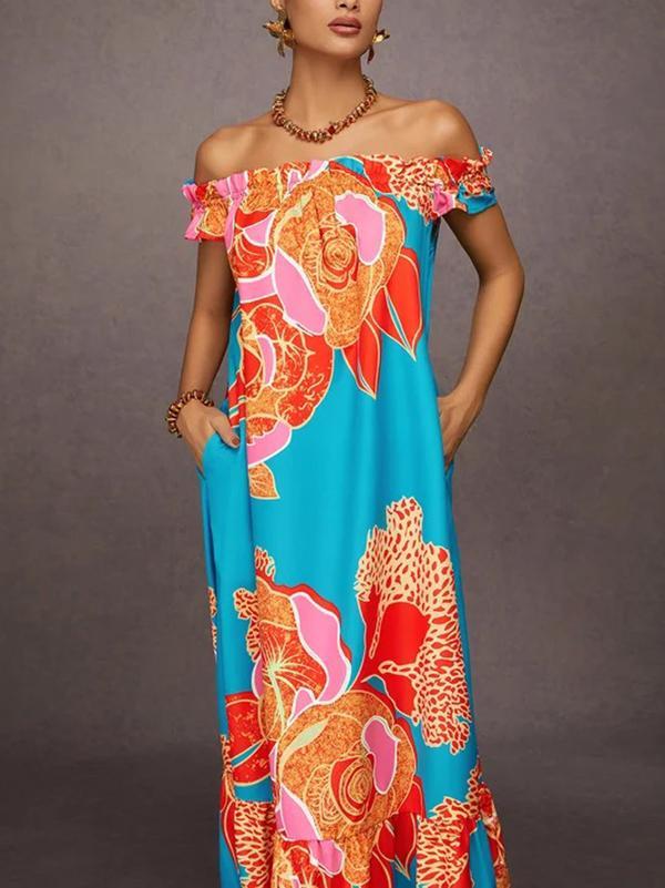 A-Line Loose Elasticity Flower Print Pleated Split-Joint Off-The-Shoulder Maxi Dresses Product Image