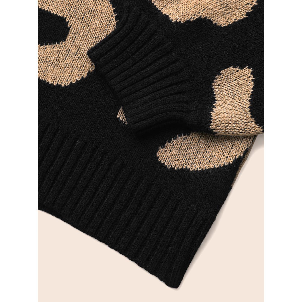 Plus Size Leopard Print Drop Shoulder Sleeve Pullover Black Women Casual Loose Long Sleeve Round Neck Everyday Pullovers BloomChic 10/M Product Image