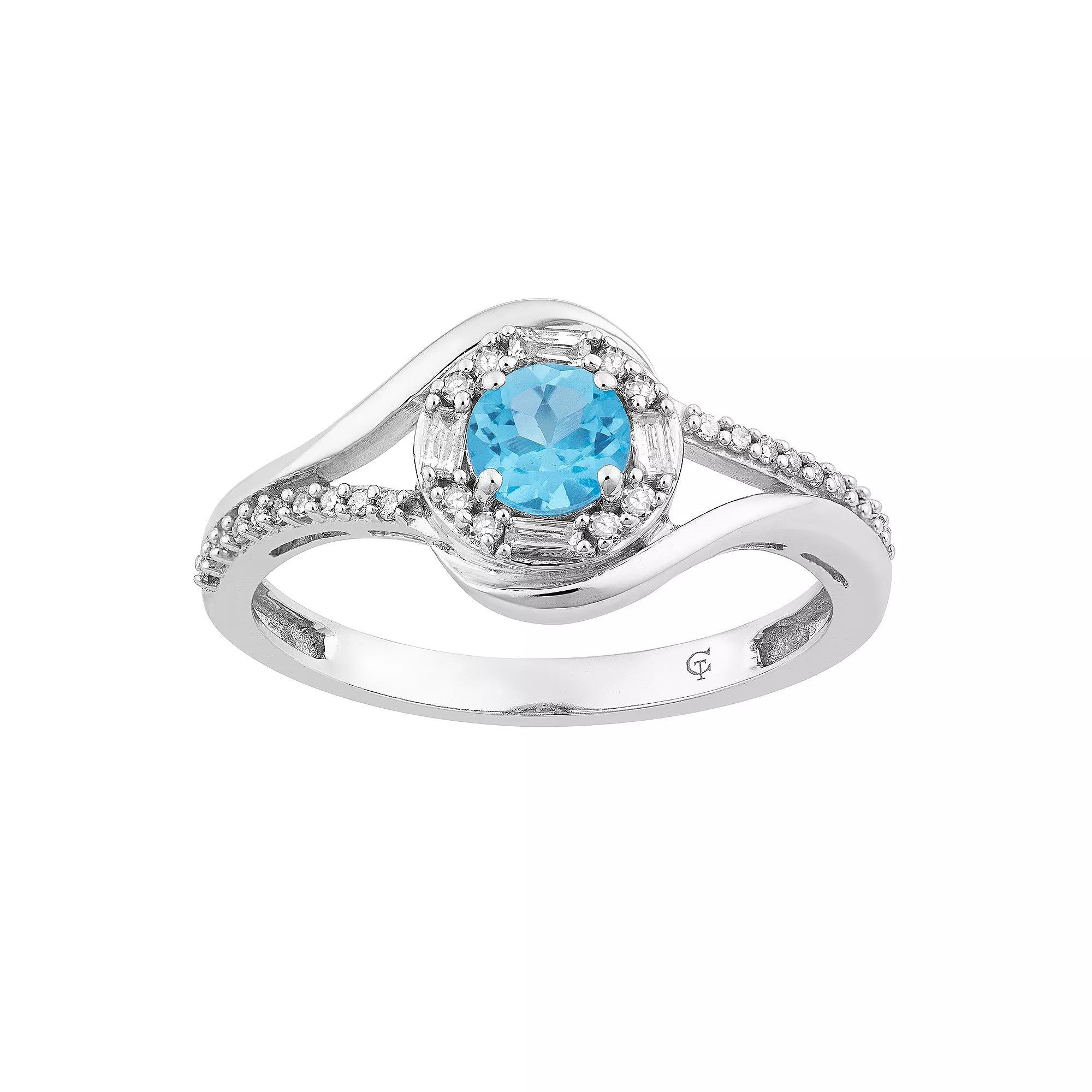 10k White Gold Swiss Blue Topaz & 1/5 Carat T.W. Diamond Halo Ring, Women's, Size: 6, 10k Whgold Product Image