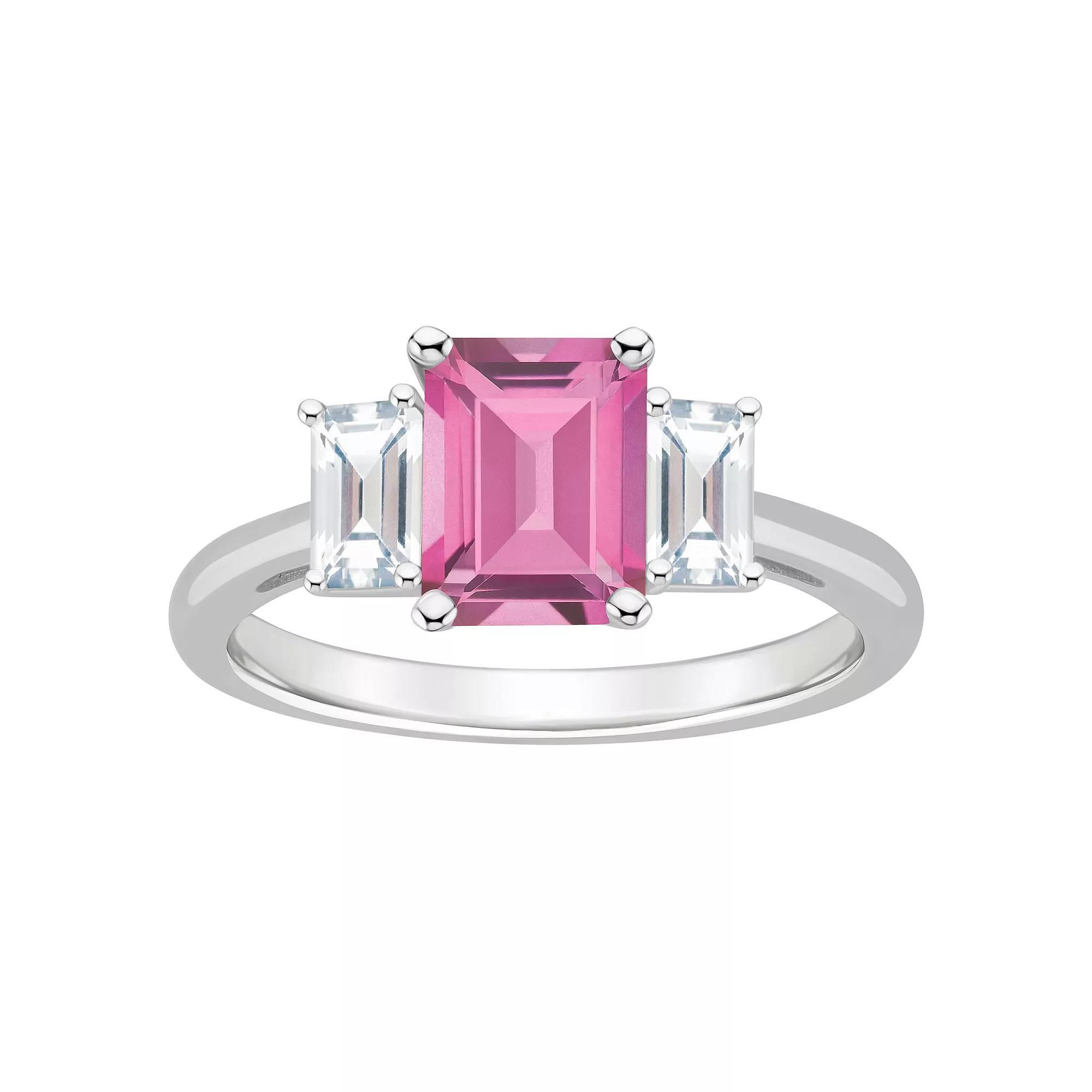 Alyson Layne Sterling Silver Emerald Cut Pink Topaz & White Topaz Three-Stone Ring, Women's, Size: 8 Product Image