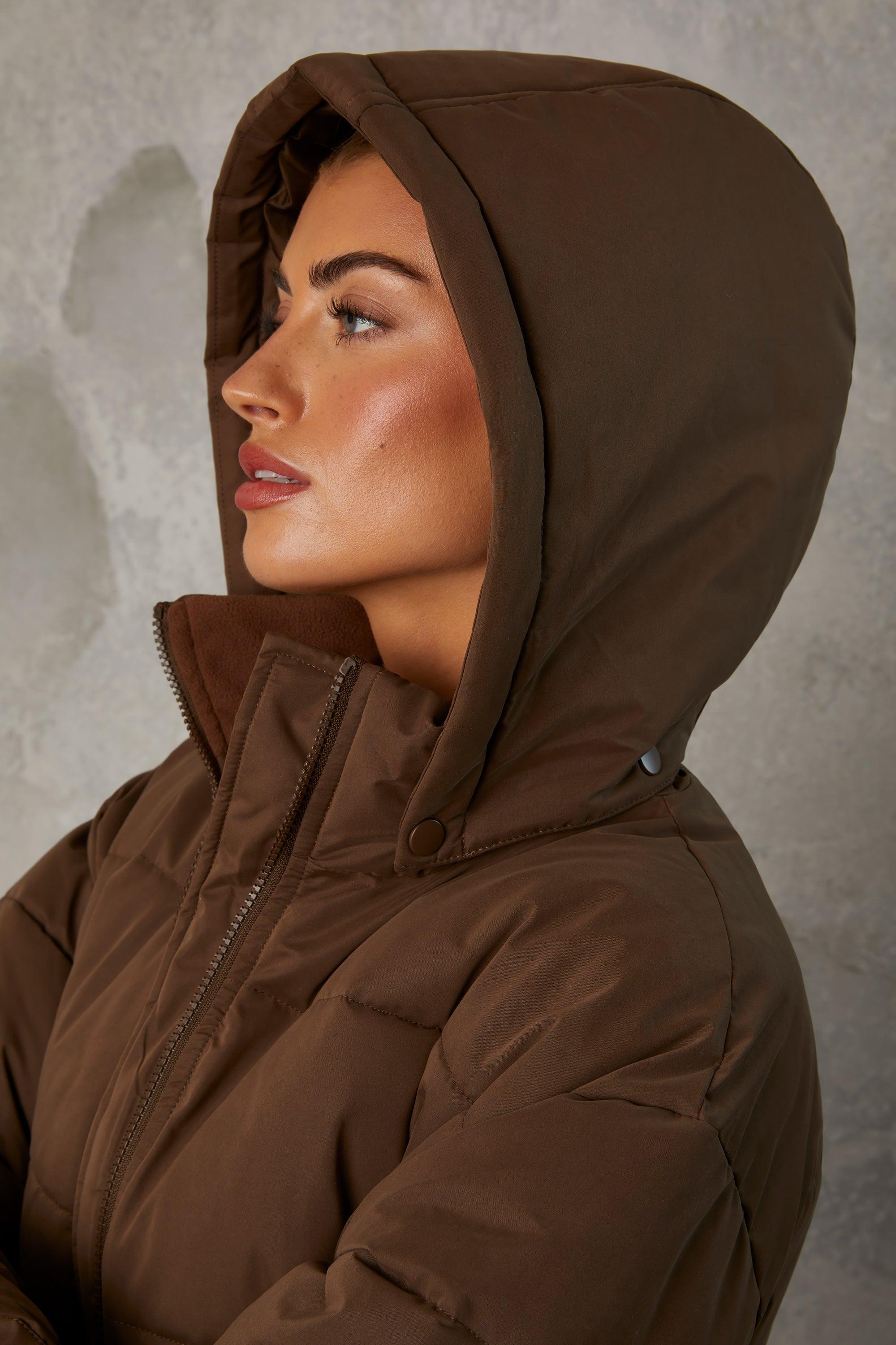 Mid Length Hooded Puffer Coat in Cocoa Brown Product Image