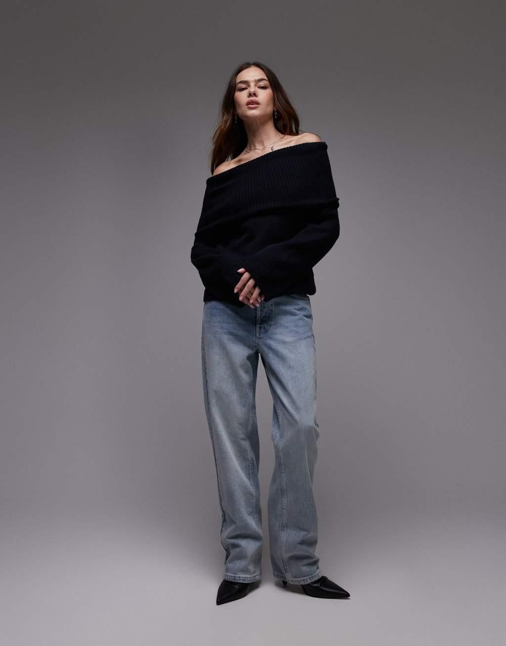 Topshop knit off-the-shoulder top in navy Product Image