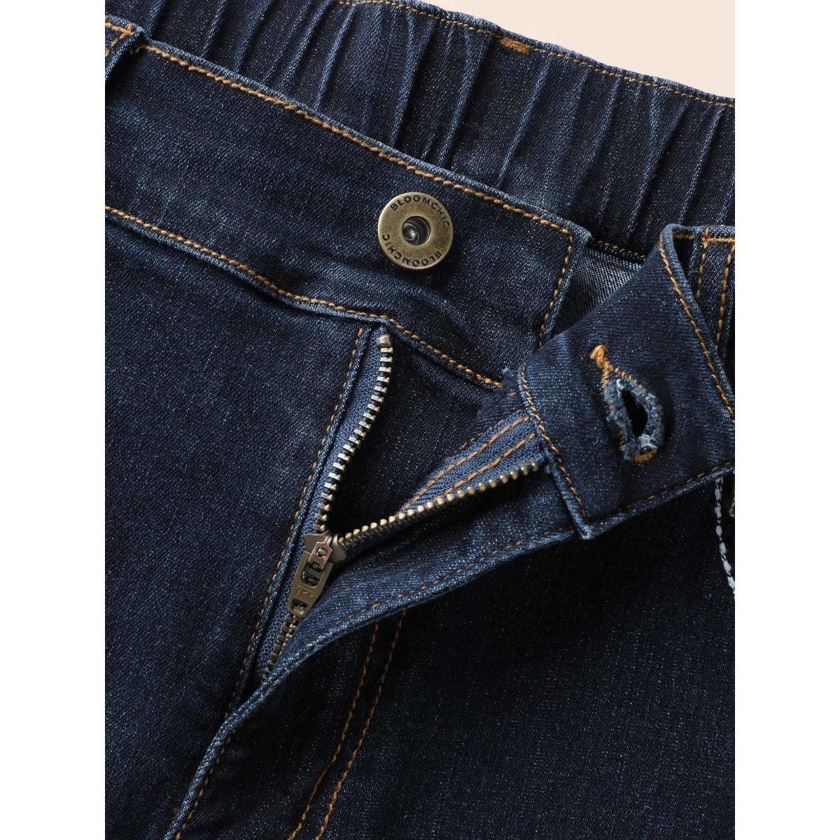 Plus Size Stretch Denim Front Embroided Pockets Flare Jeans Women Darkindigo Casual Embroidered Medium stretch Slanted pocket Jeans BloomChic 16/1X Product Image