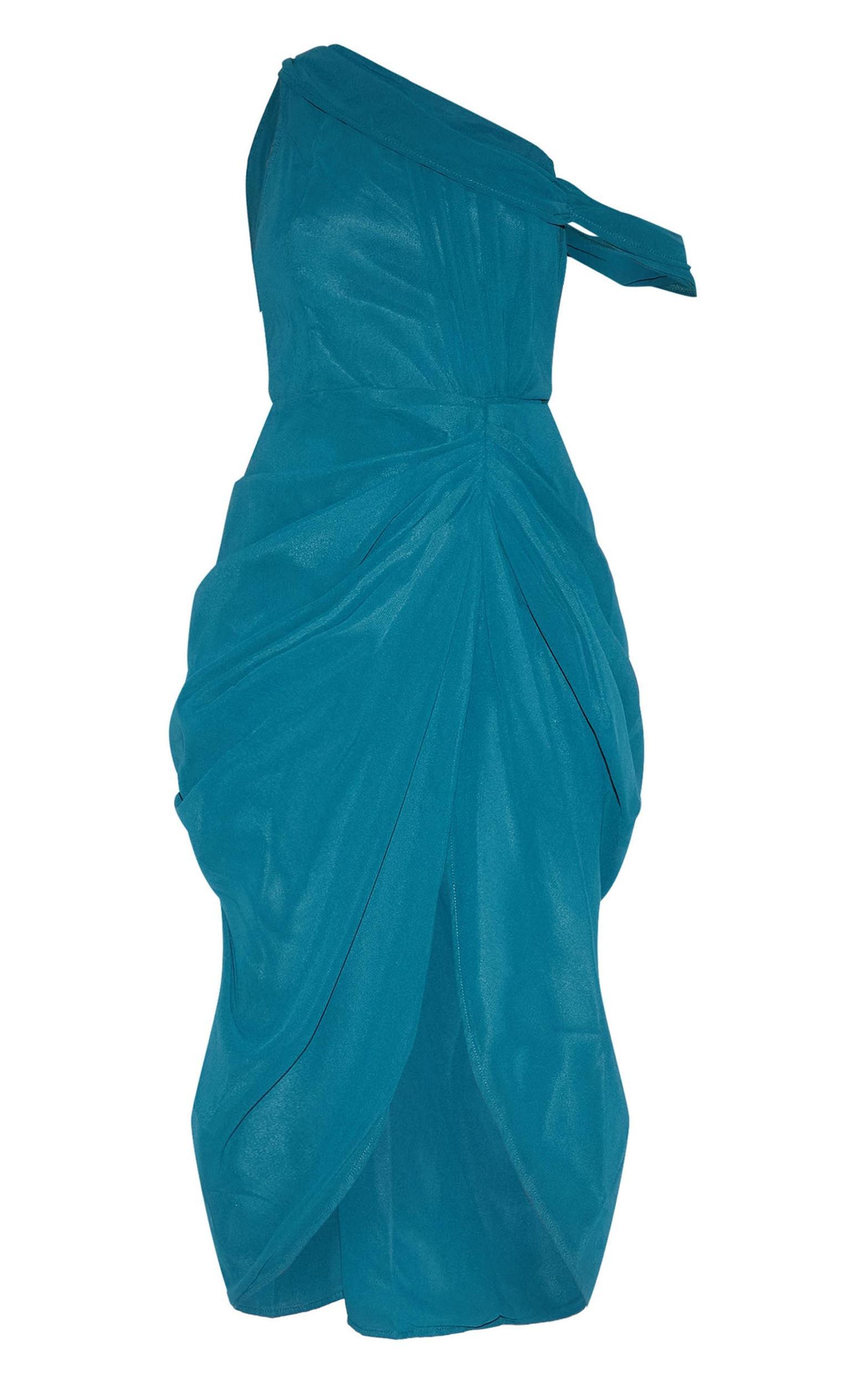 Emerald Green Chiffon Asymmetric Strap Draped Midi Dress Product Image