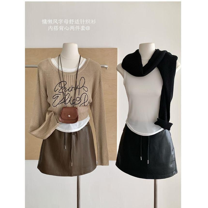 Set: Long-Sleeve Crewneck Lettering Crop Knit Top + Tank Top Product Image
