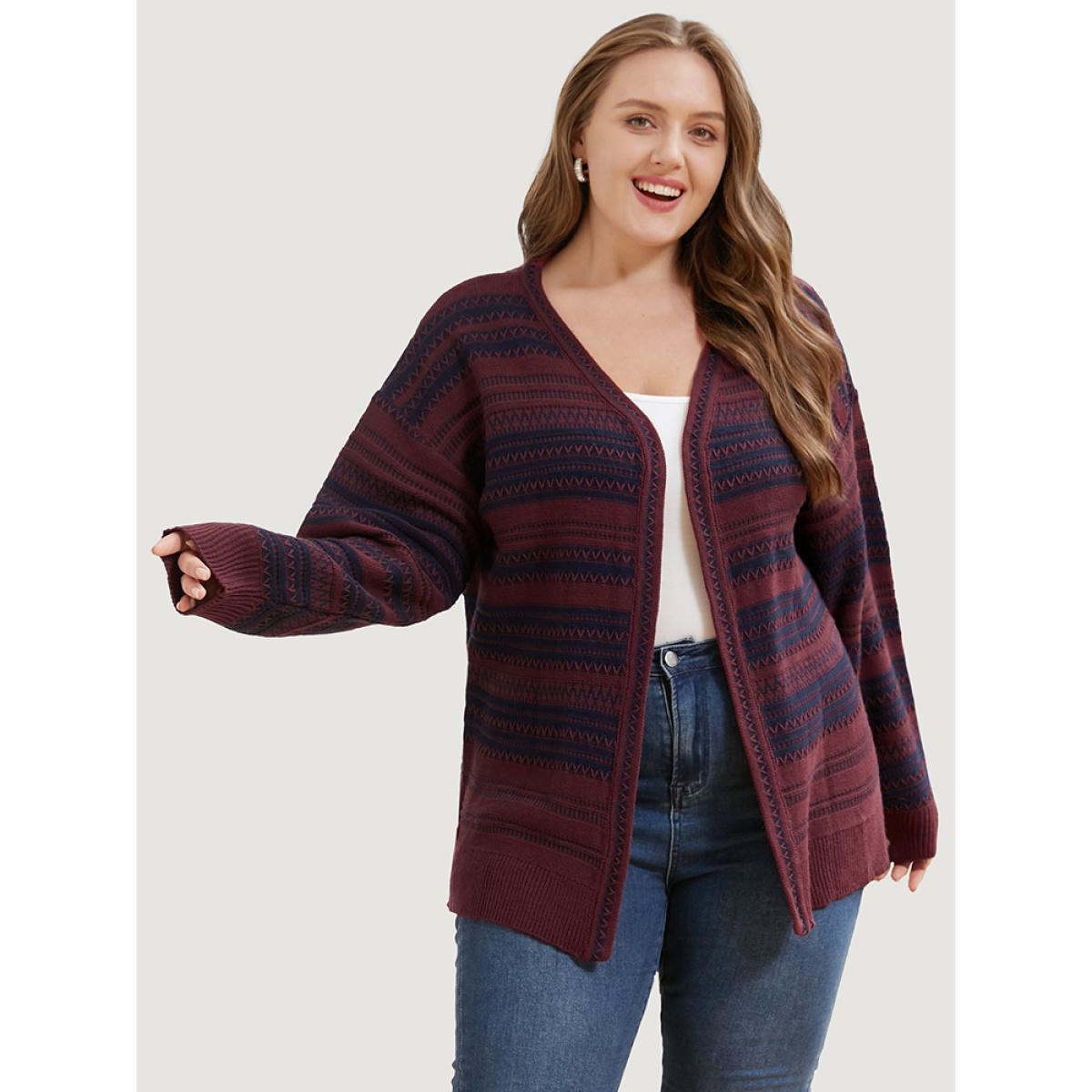 Plus Size Striped Contrast Pointelle Knit Open Front Loose Cardigan Scarlet Women Casual Loose Long Sleeve Work Cardigans BloomChic 26/4X Product Image