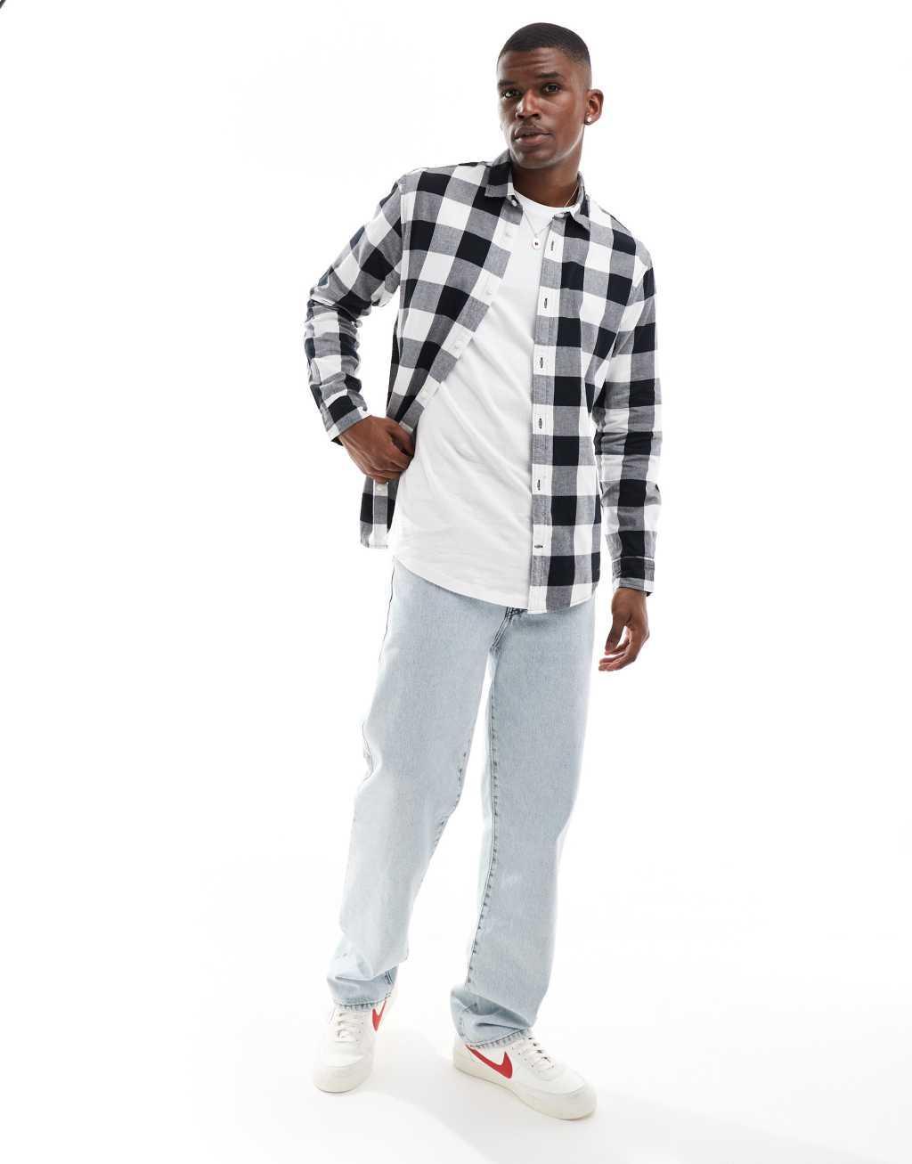 Jack & Jones Essentials flannel buffalo check shirt in black & white  Product Image
