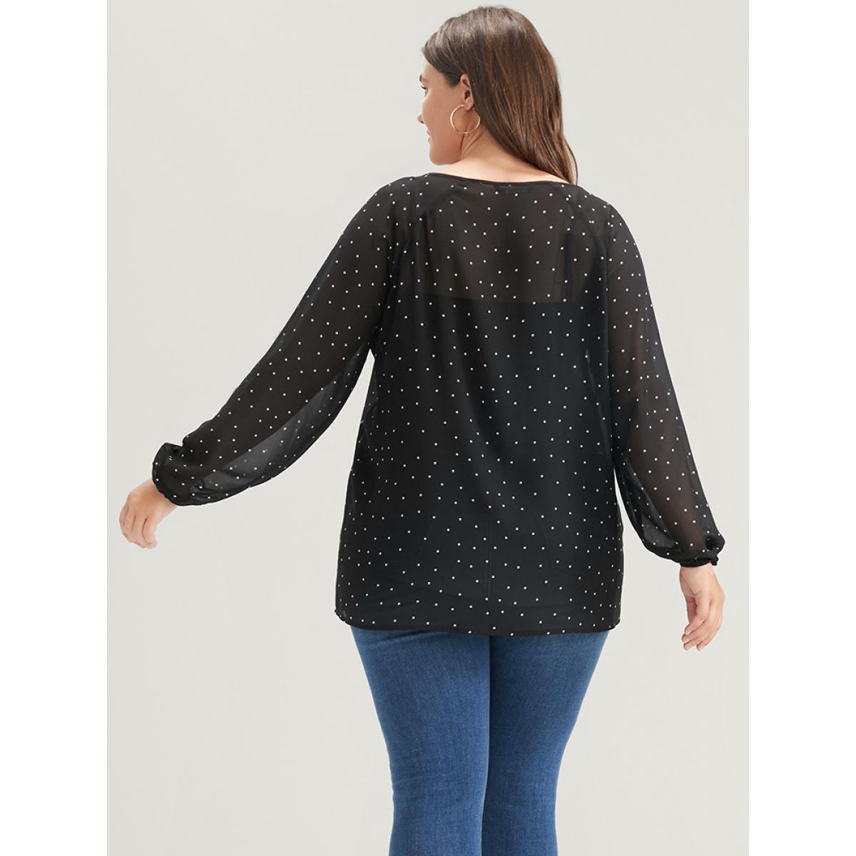 Plus Size Black Polka Dot Mesh Lantern Sleeve Keyhole Round Neck Blouse Women Elegant Long Sleeve Round Neck Dailywear Blouses BloomChic 26/4X Product Image