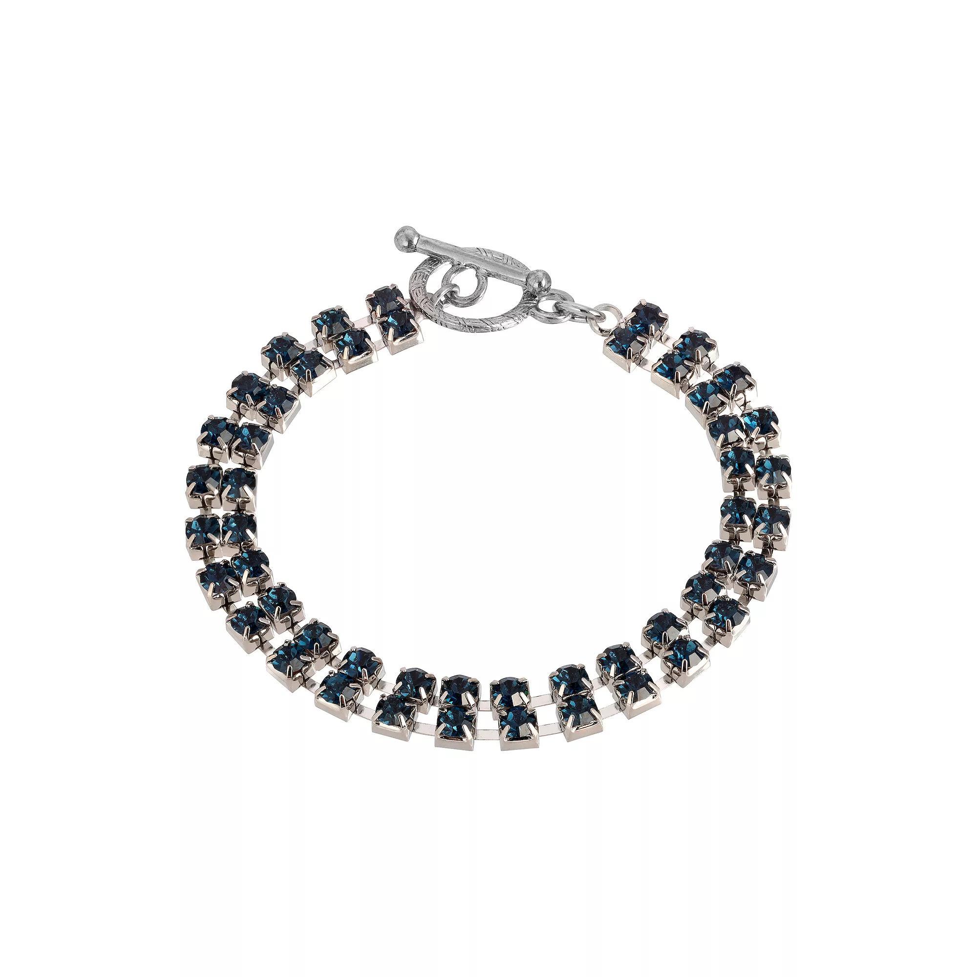 1928 Silver Tone Dark Blue 2 Row Rhinestone Toggle Bracelet, Womens Product Image