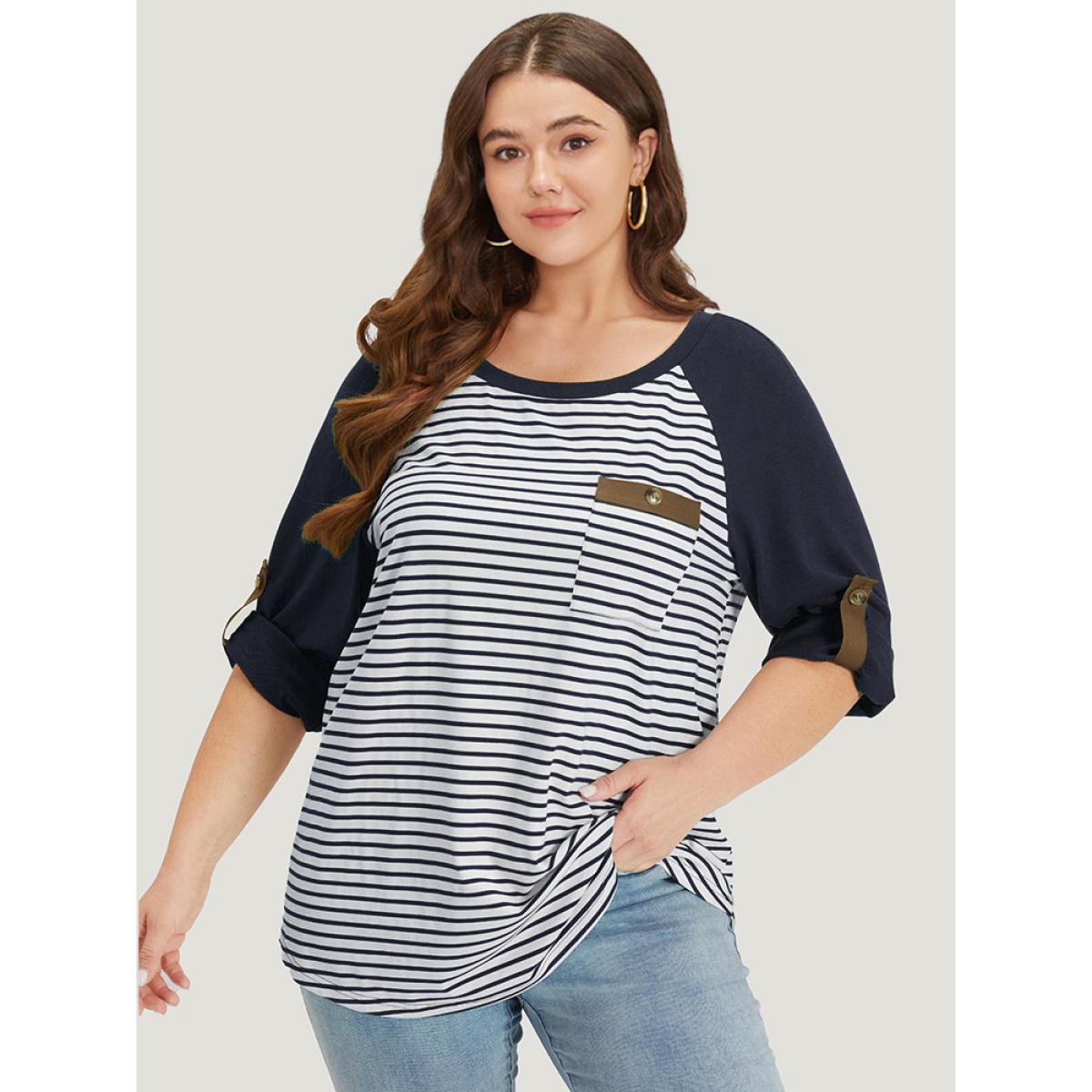 Plus Size Striped Patchwork Patched Pocket Raglan Sleeve T-shirt Gray Women Casual Contrast Striped Round Neck Dailywear T-shirts BloomChic 14-16/1X Product Image