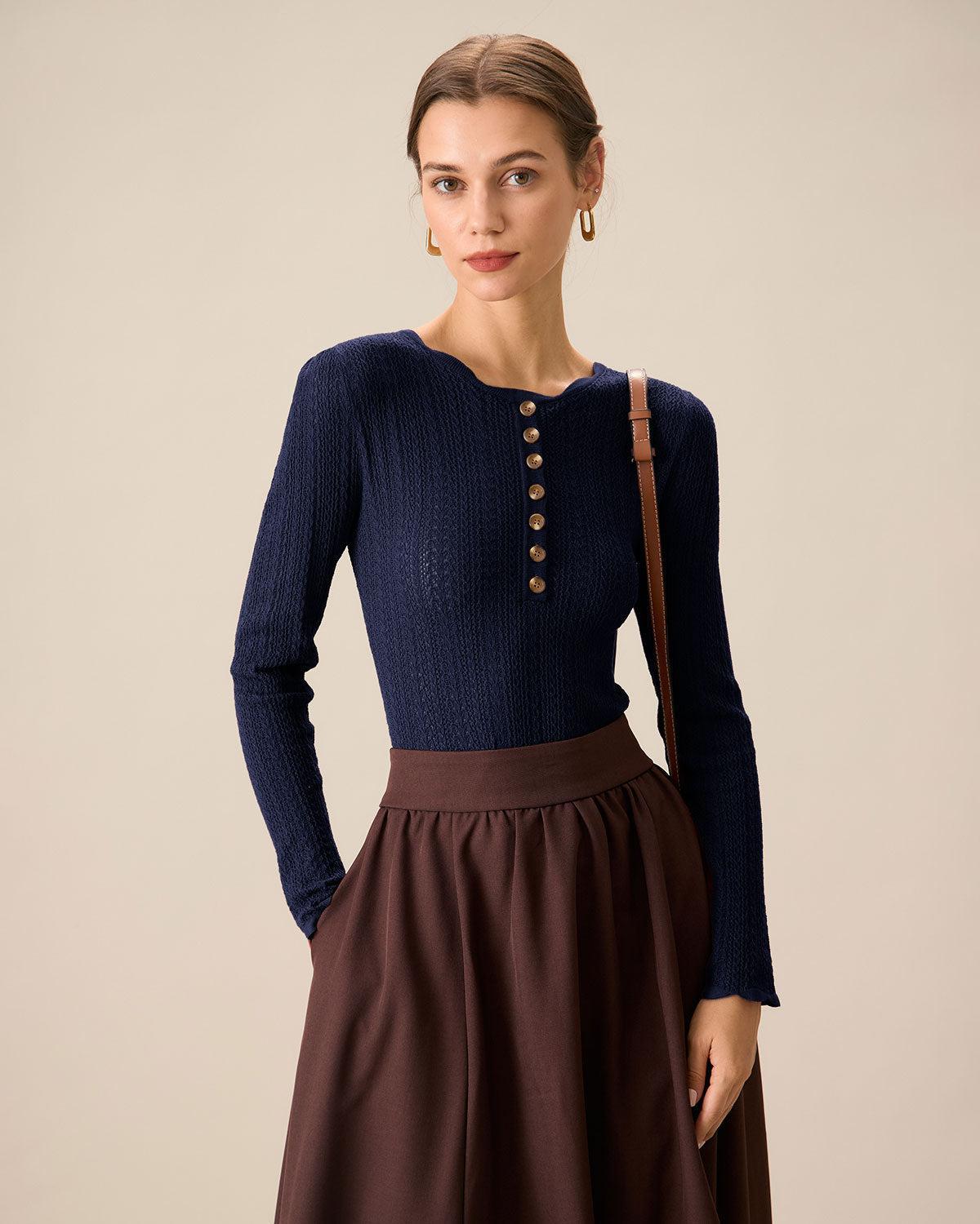 Navy Round Neck Slim Sweater Product Image