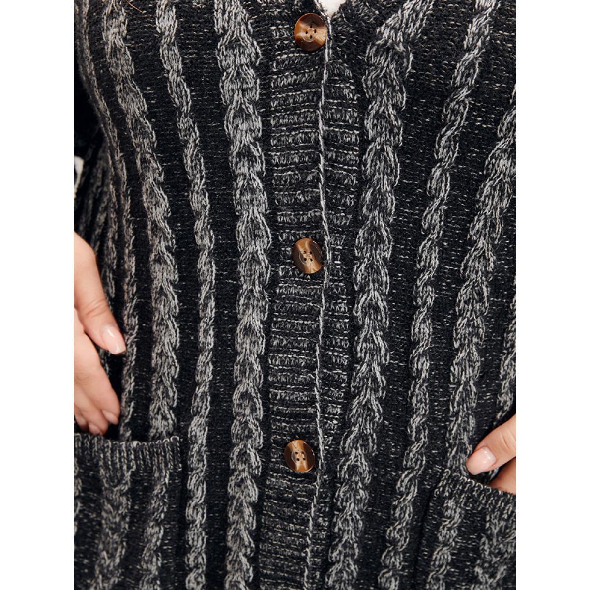 Plus Size Striped Contrast Pointelle Knit Pocket Button Front Heather Cardigan DimGray Women Casual Loose Long Sleeve Everyday Cardigans BloomChic 10/M Product Image