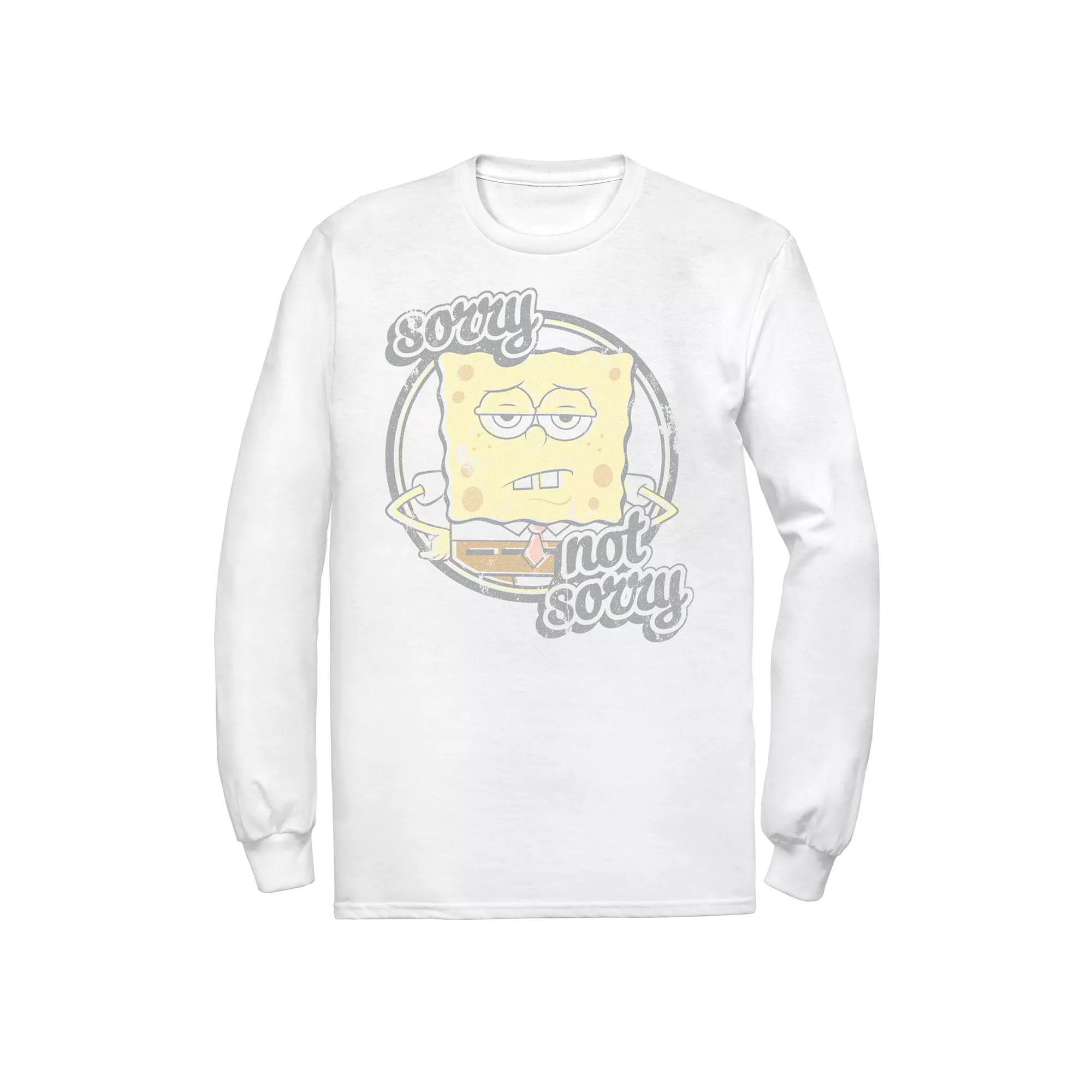 Men's Spongebob Sorry Not Sorry Distressed Circle Portrait Long Sleeve Tee, Size: Large, White Product Image