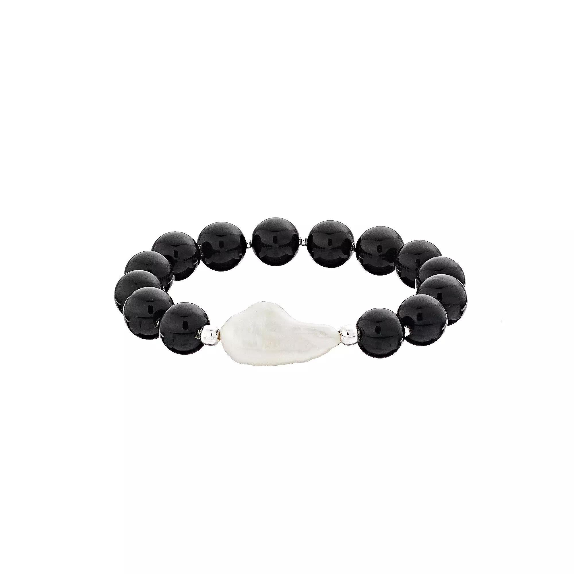 Aleure Precioso 10 mm Bead & Freshwater Pearl Stretch Bracelet, Women's, Size: 7.5", Sterling Black Product Image