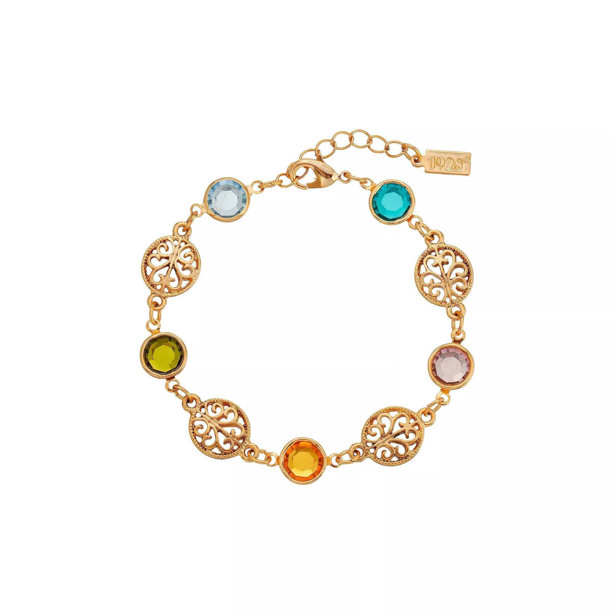 1928 Gold Tone Multi-Color Crystal Filigree Link Bracelet, Womens Product Image