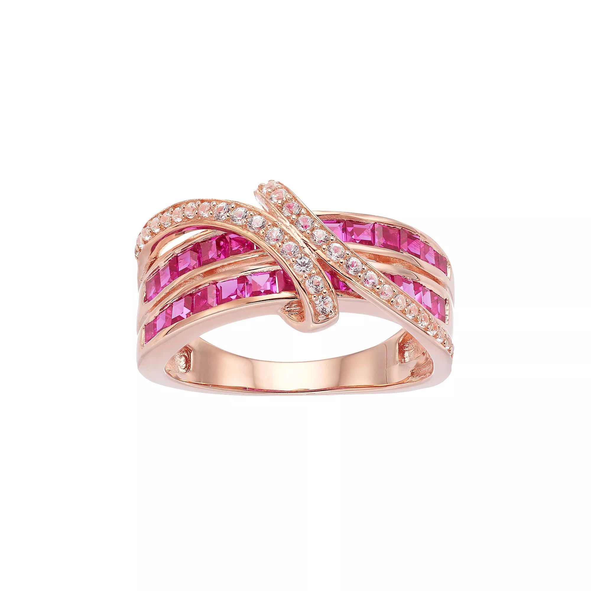 14k Rose Gold Over Silver Lab-Created Ruby & White Sapphire Bypass Ring, Women's, Size: 7, Pink Tone Product Image