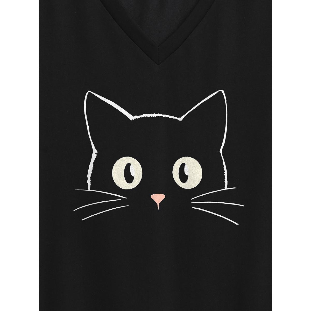 Plus Size Cat Pattern Crewneck T-Shirt Black Women Non Animals V-neck Everyday-Casual T-shirts BloomChic 12/L Product Image