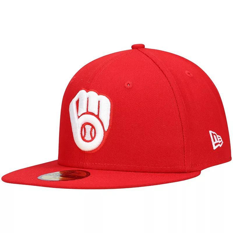 Men's New Era Red Milwaukee Brewers White Logo 59FIFTY Fitted Hat, Size: 7 3/4 Product Image