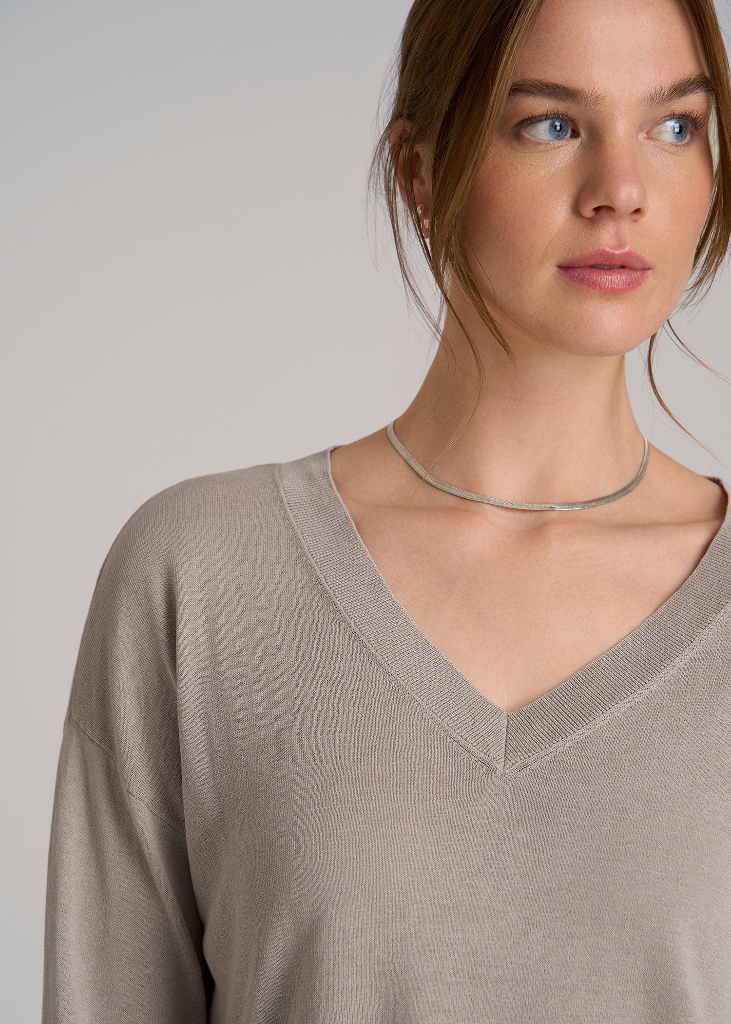 Linen Blend Split Hem V-Neck Sweater for Tall Women in Atmosphere Product Image
