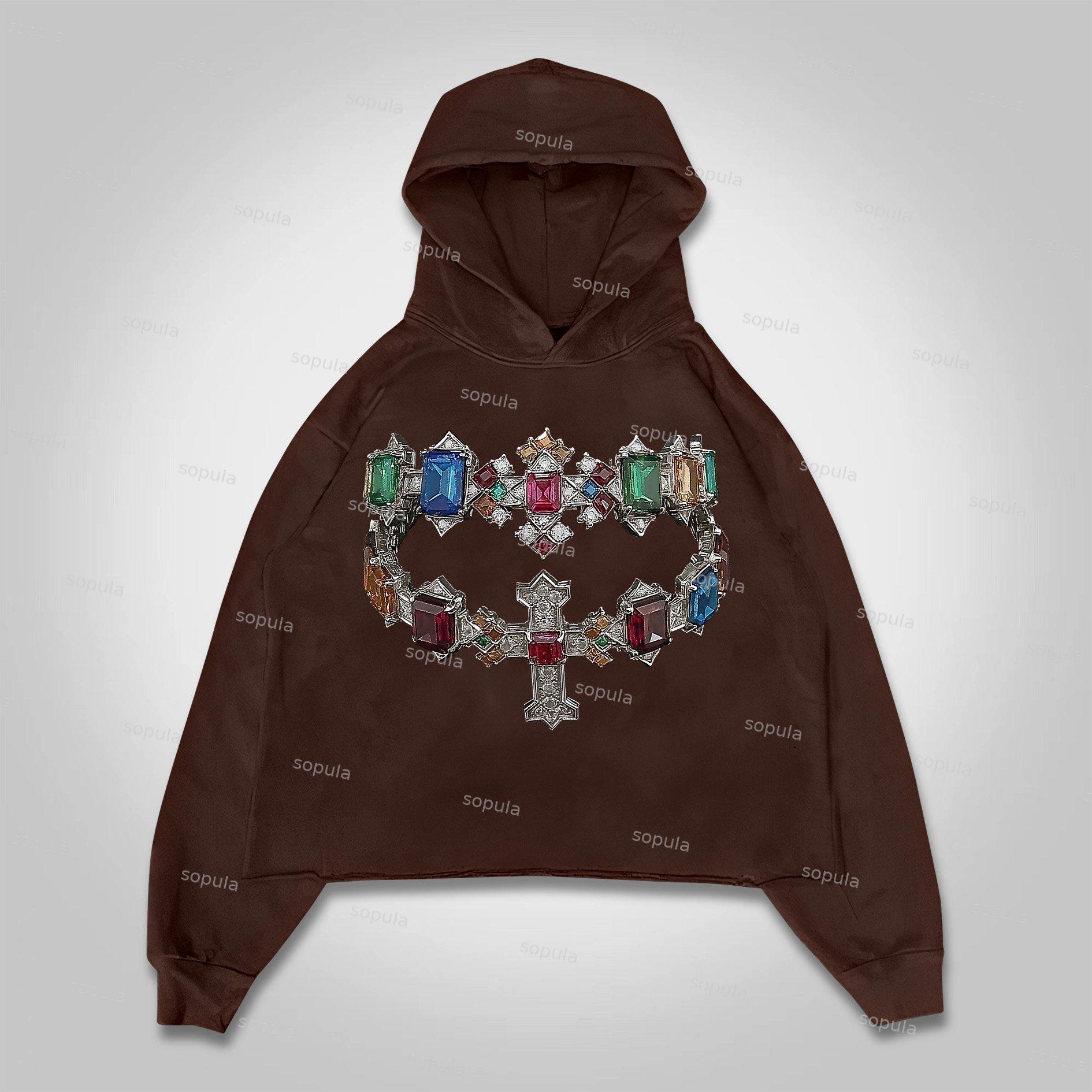 Sopula Fortune Diamond Cross Graphic Cropped Hoodie Pocketless Hoodie Product Image