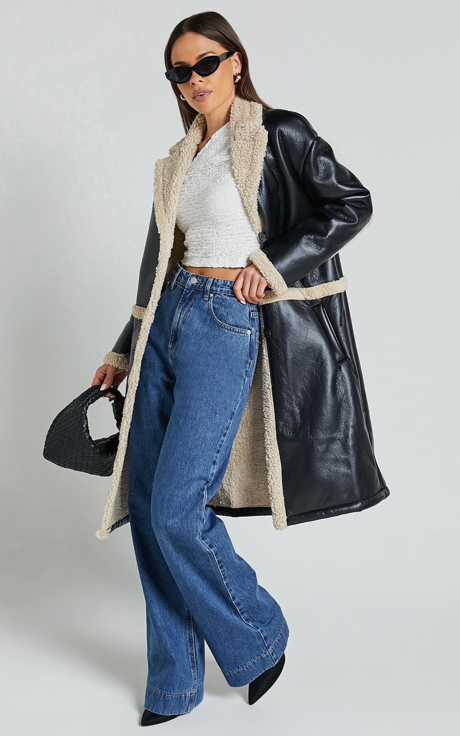 Jan Coat - Longline Faux Shearling Aviator Coat in Black Product Image