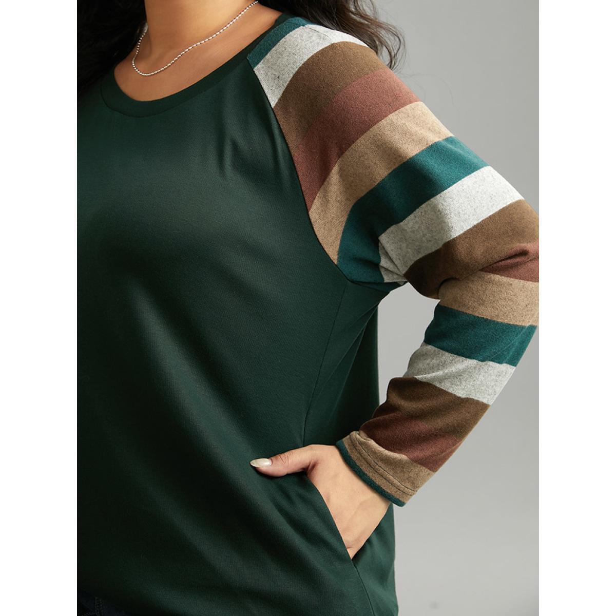 Plus Size Striped Colorblock Contrast Pocket Raglan Sleeve T-shirt DarkGreen Women Elegant Contrast Striped Round Neck Dailywear T-shirts BloomChic 30/6X Product Image