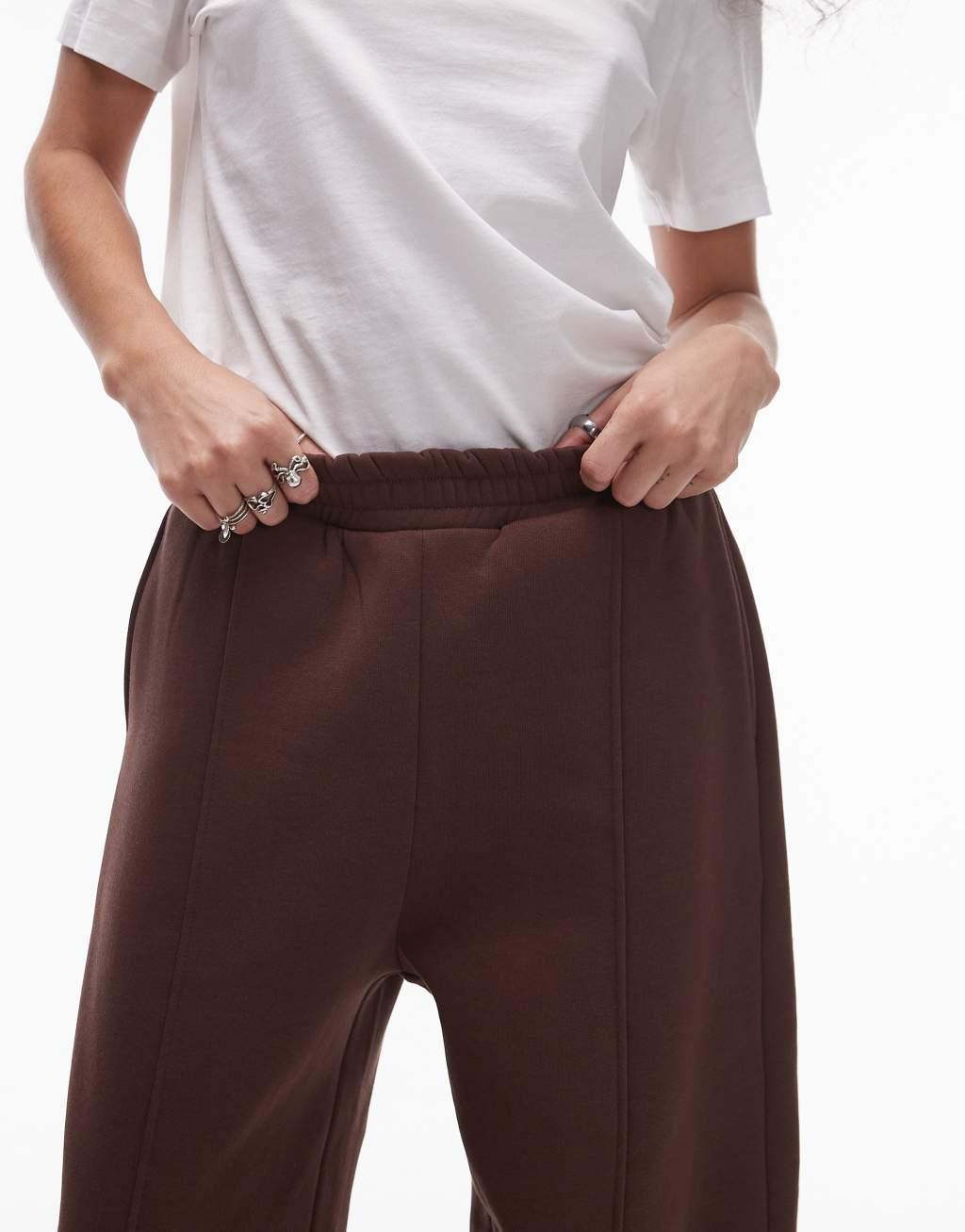 Topshop seamed barrel jersey sweatpants in brown Product Image