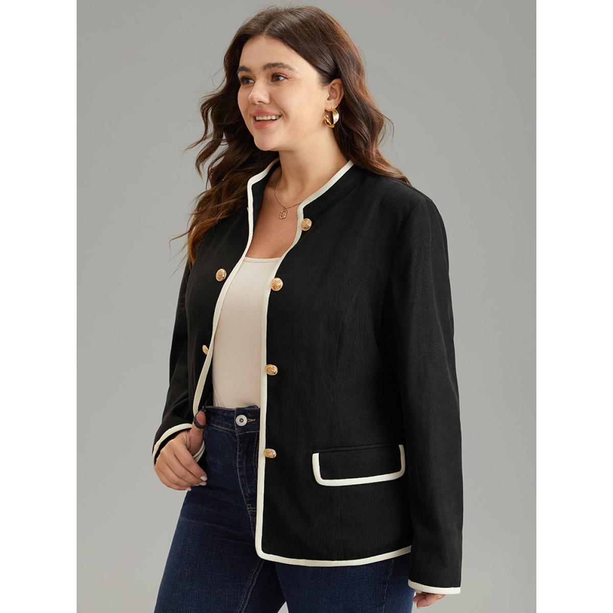 Plus Size Corduroy Metal Detail Contrast Trim Flap Pocket Blazer Women Black Office Lined Ladies Work Winter Coats BloomChic 18-20/2X Product Image