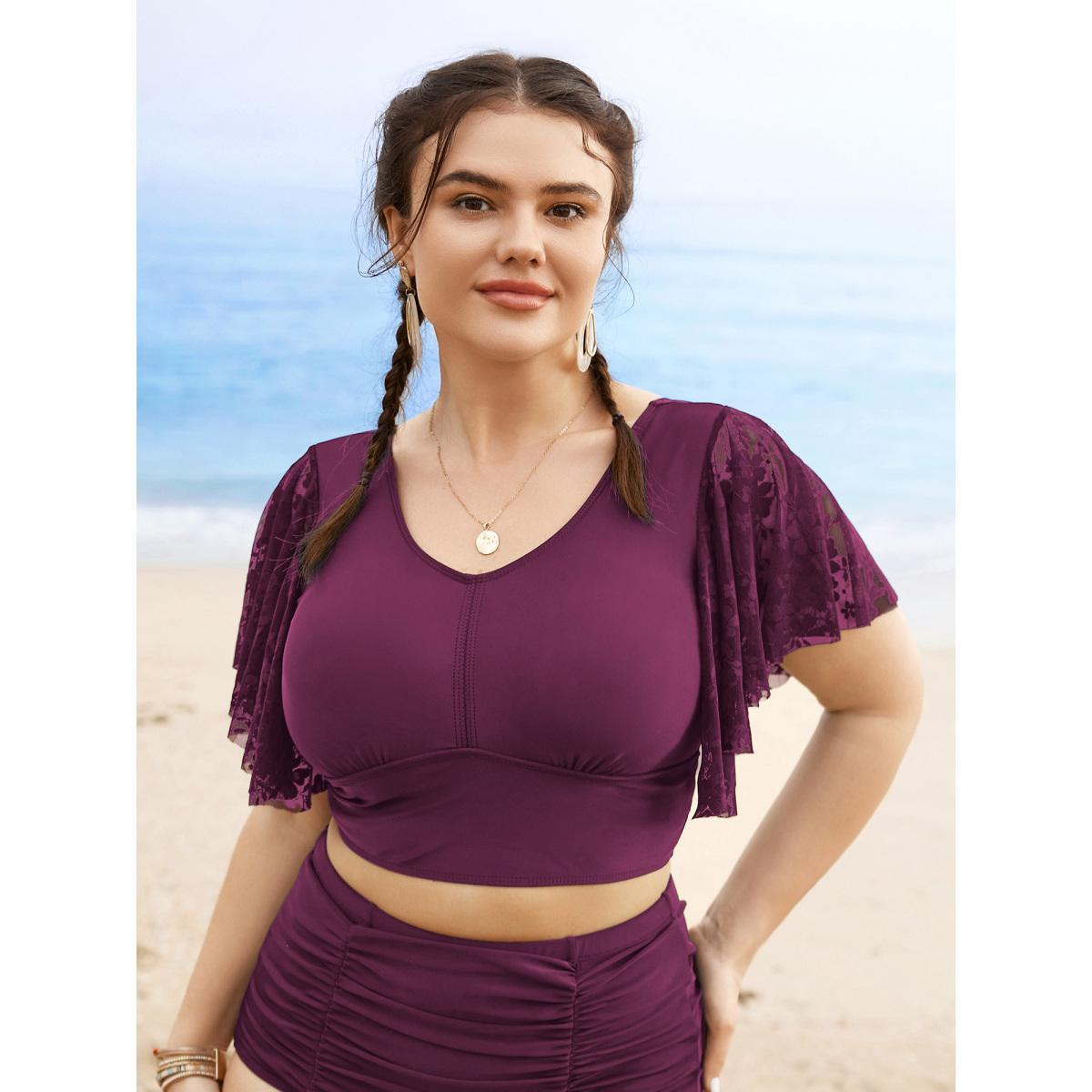 Plus Size U Neck Crochet Lace Mesh Swim Top Women's Swimwear Burgundy Beach Texture High stretch Skinny U-neck Curve Swim Tops BloomChic 14-16/1X Product Image