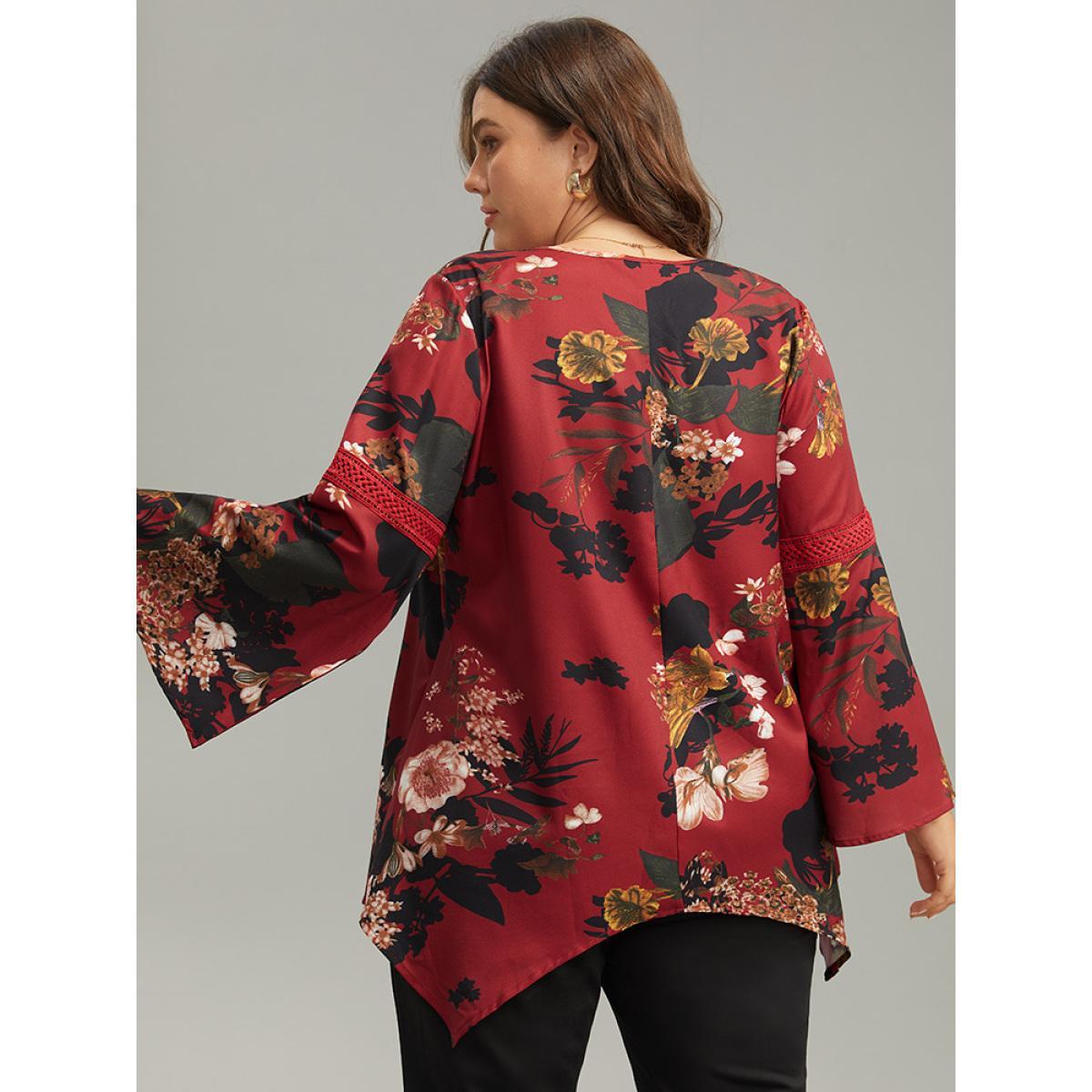 Plus Size Scarlet Floral Lace Panel V Neck Hanky Hem Blouse Women Elegant Long Sleeve V-neck Dailywear Blouses BloomChic 14-16/1X Product Image