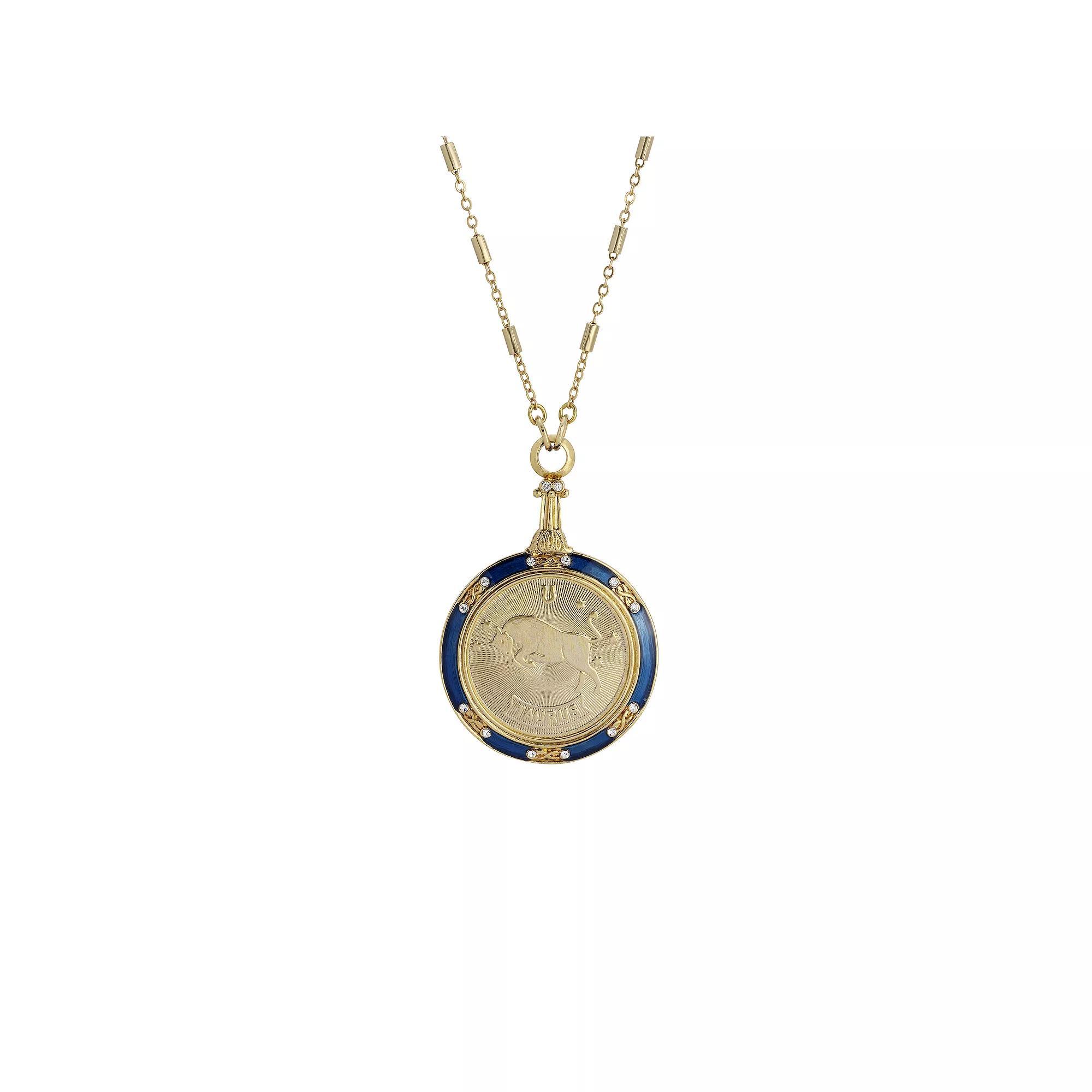 1928 Gold Tone Blue Enamel & Clear Crystal Zodiac Pendant Necklace, Womens, Taurus Product Image