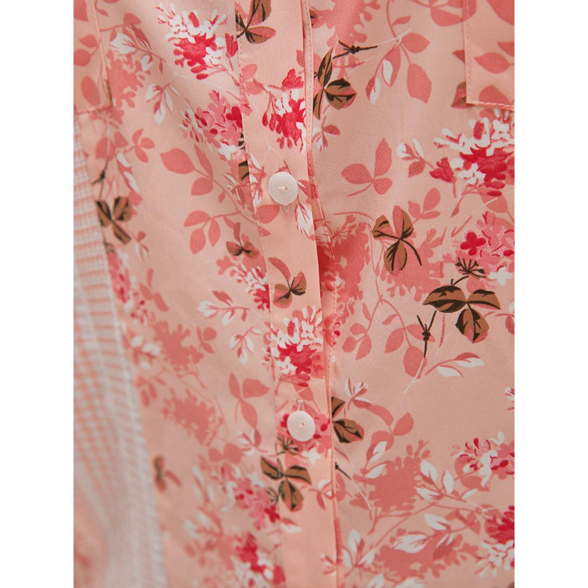 Plus Size MistyRose Floral Patchwork Pocket Button Up Arc Hem Blouse Women Elegant Short sleeve Shirt collar Dailywear Blouses BloomChic 12/L Product Image