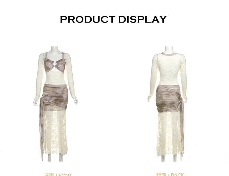 Long-Sleeve Tie Dye Lace Panel Maxi Sheath Dress Product Image