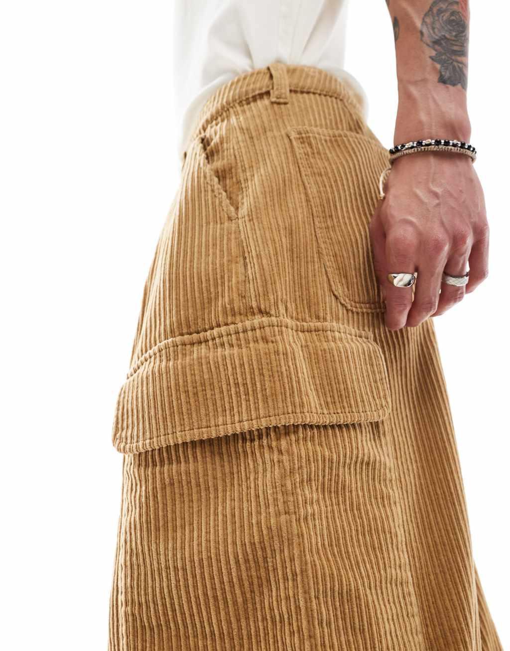 ASOS DESIGN baggy balloon pleated cord cargo pant in tan Product Image