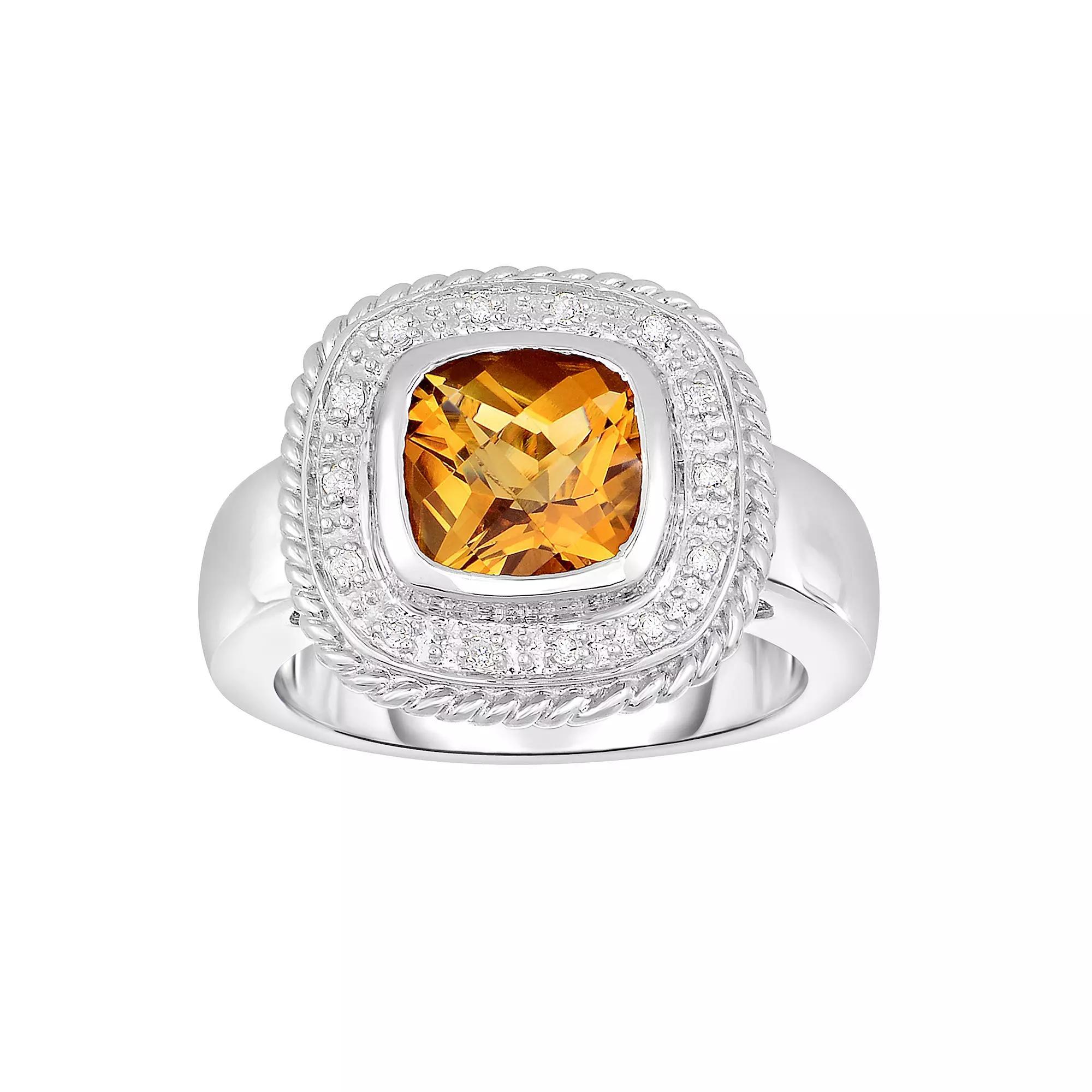 Sterling Silver Citrine & Diamond Cushion Halo Ring, Womens Product Image