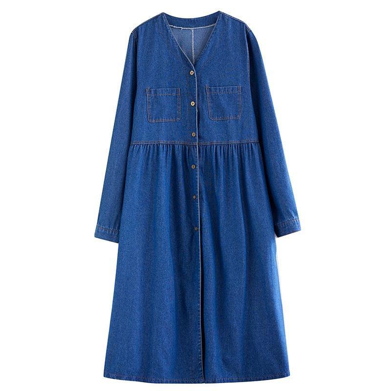 Long-Sleeve V-Neck Pocket Detail Denim Maxi Smock Dress Product Image