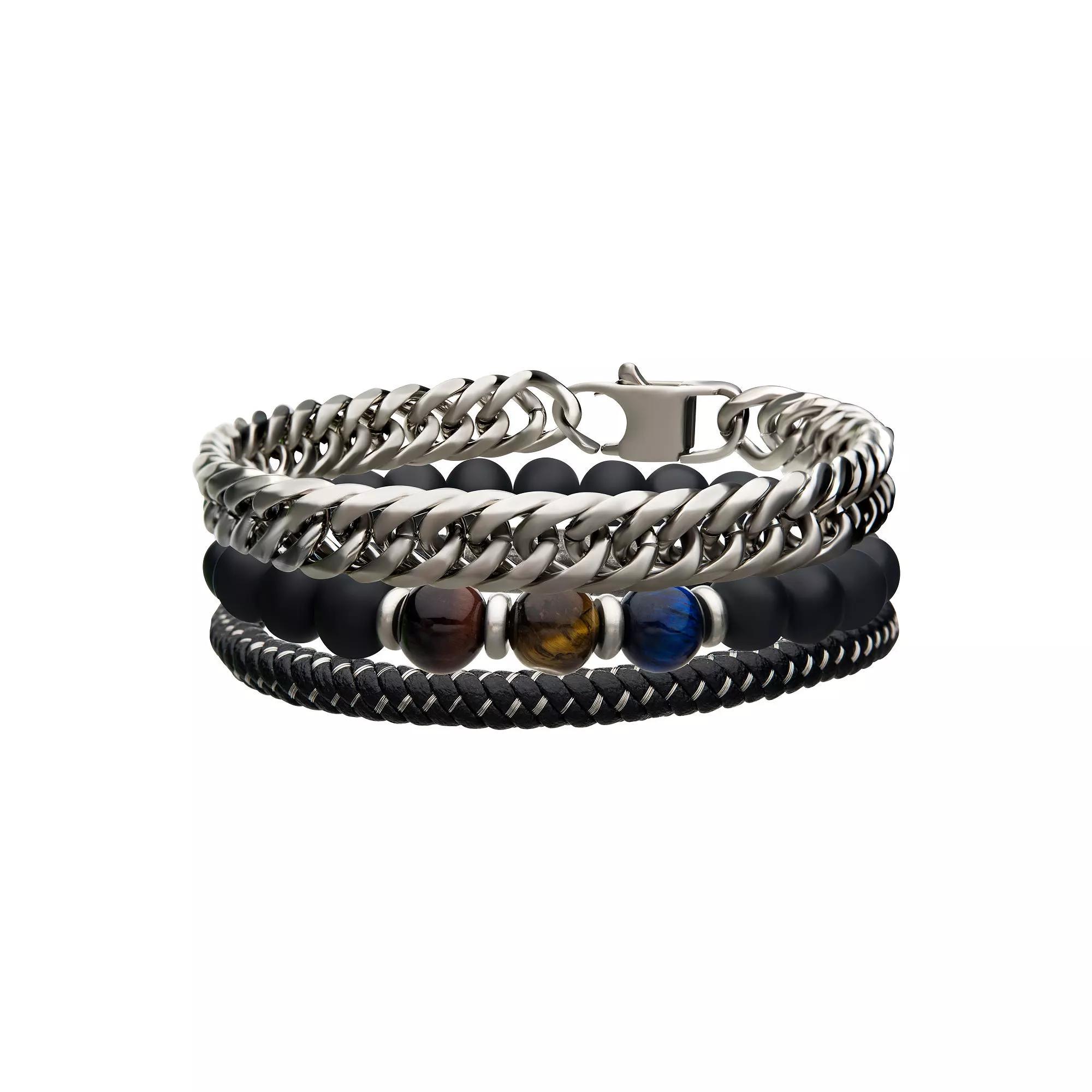 Men's 8" Trio Black Stackable Bracelet, Silver Tone Product Image