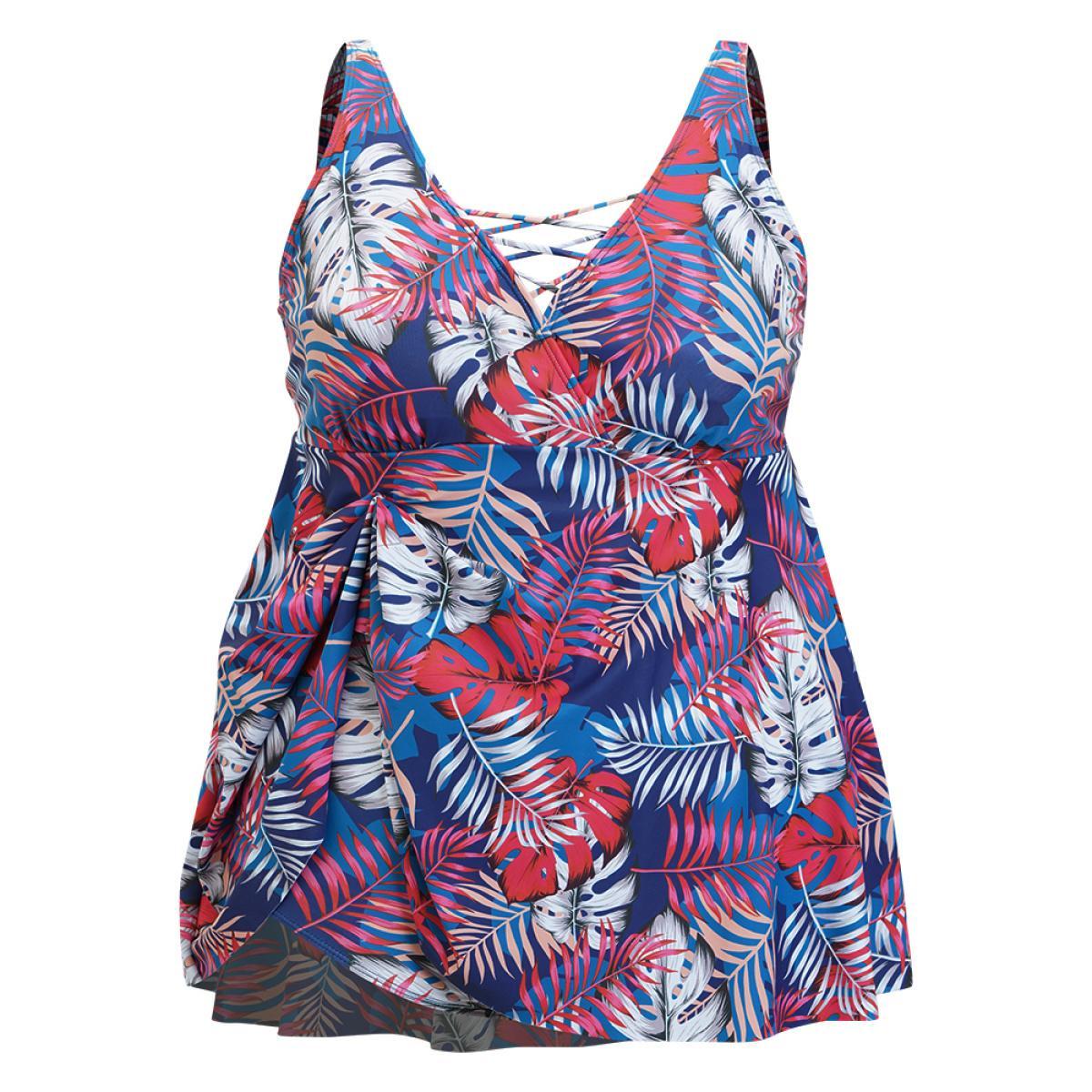 Plus Size Tropical Print Wrap Ruffles Crisscross Swim Dress Women's Swimwear Indigo Vacation Bodycon V-neck High stretch Curve Swim Dresses BloomChic 12/L Product Image