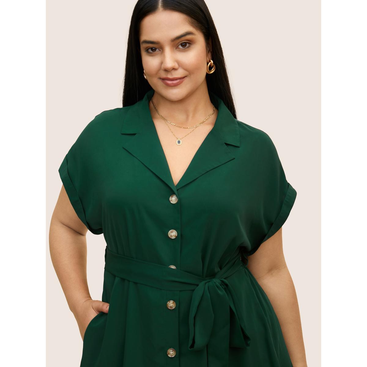 Plus Size Suit Collar Button Detail Batwing Sleeve Dress DarkGreen Women At the Office Belted Suit Collar Cap Sleeve Curvy BloomChic 14-16/1X Product Image