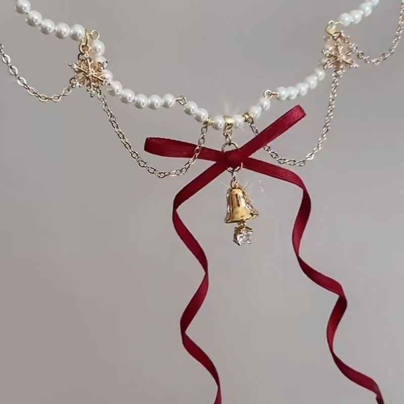 Ribbon Bell Pendant Layered Faux Pearl Alloy Necklace Product Image