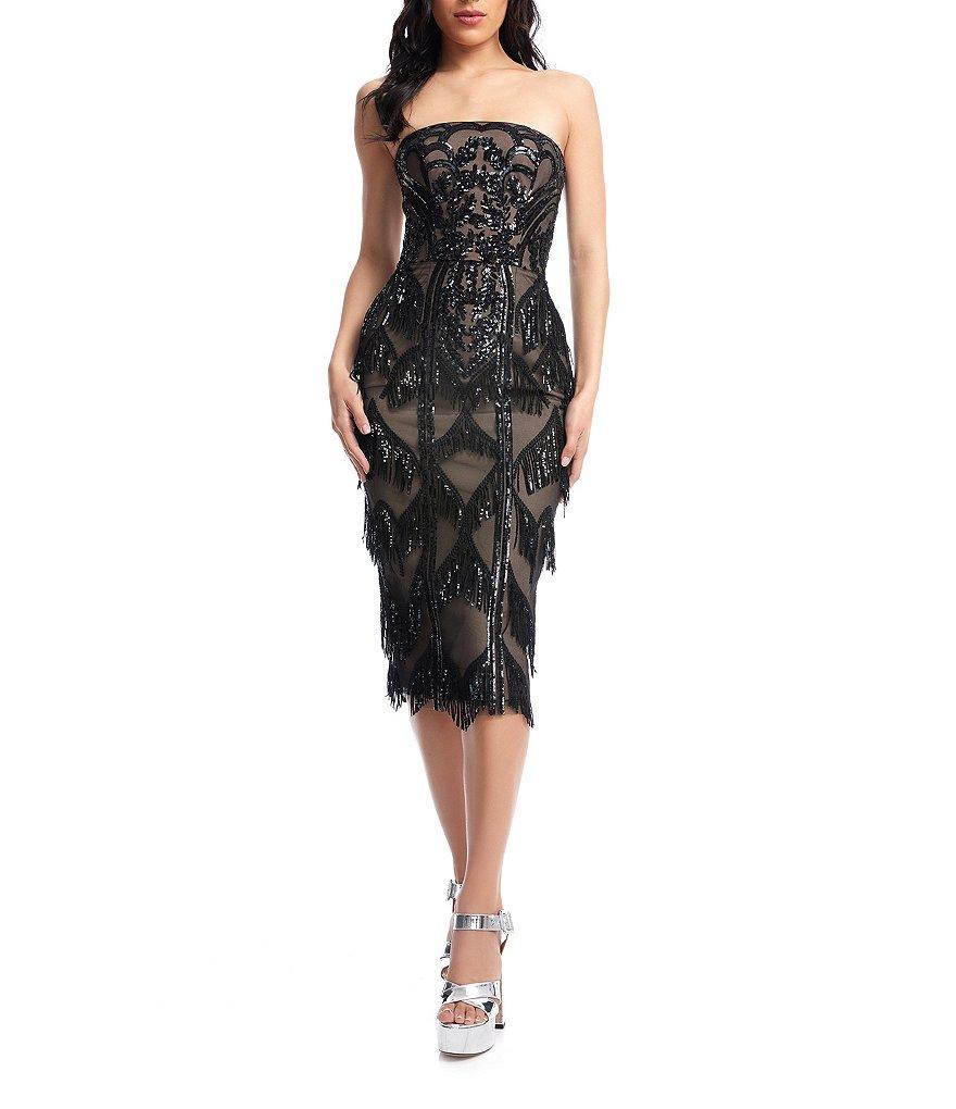 Dress the Population Viviana Strapless Sleeveless Fringe Bustier Bodycon Midi Dress Product Image