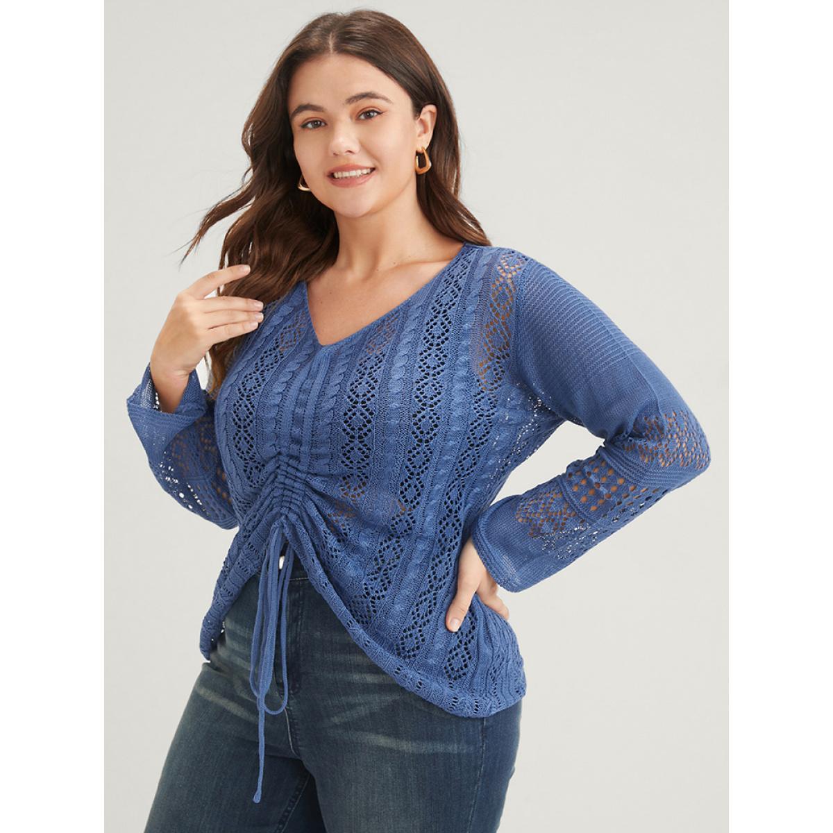 Plus Size Plain Pointelle Knit V Neck Crochet Drawstring Knit Top Blue Women Elegant Long Sleeve V-neck Dailywear Pullovers BloomChic 22-24/3X Product Image