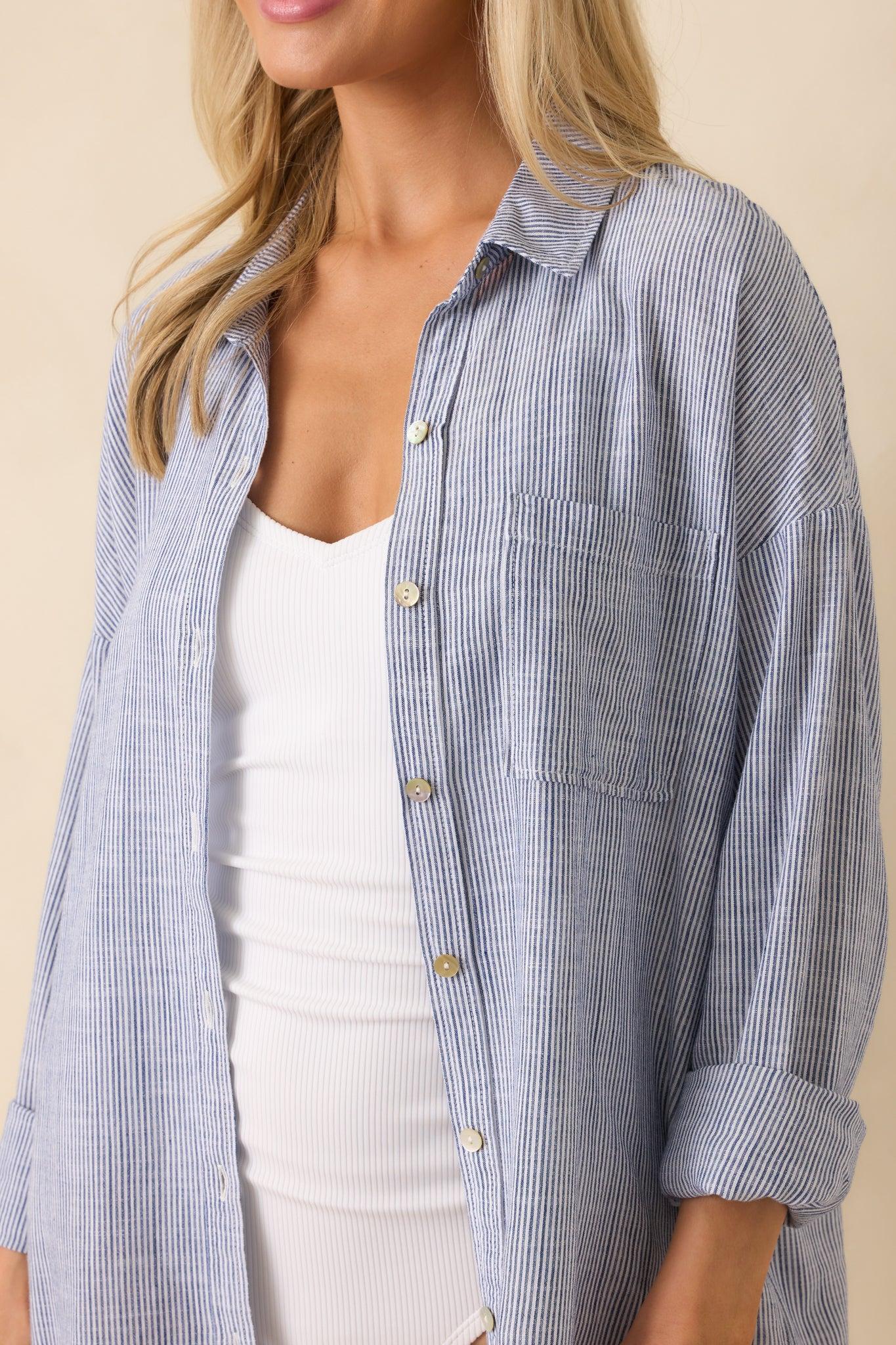 What Do You Mean Blue Stripe Linen Blend Button Front Top Product Image