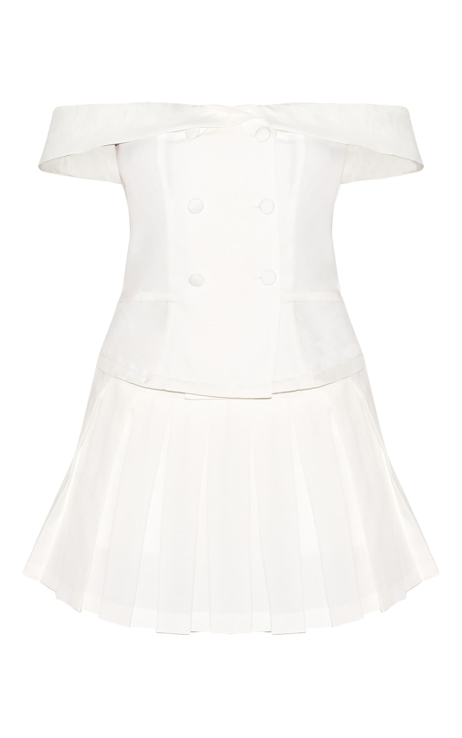 White Tailored Button Detail Bardot Pleated Skort Romper Product Image