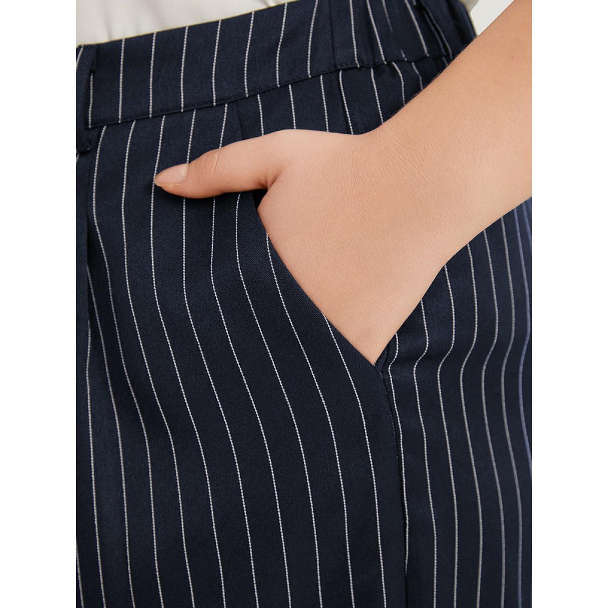 Plus Size Striped Pocket Loose Pleated Button Fly Pants Women Indigo At the Office Straight Leg High Rise Work Pants BloomChic 14-16/1X Product Image