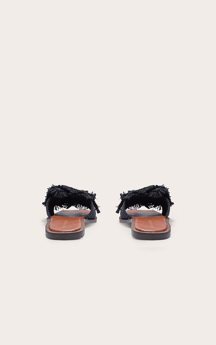 Black Linen Round Toe Flower Strap Mule Sandals Product Image