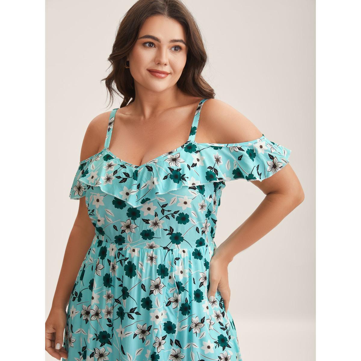 Plus Size Off-Shoulder Floral Print Adjustable Midi Dress Turquoise Women Non Sleeveless Curvy BloomChic 30/6X Product Image